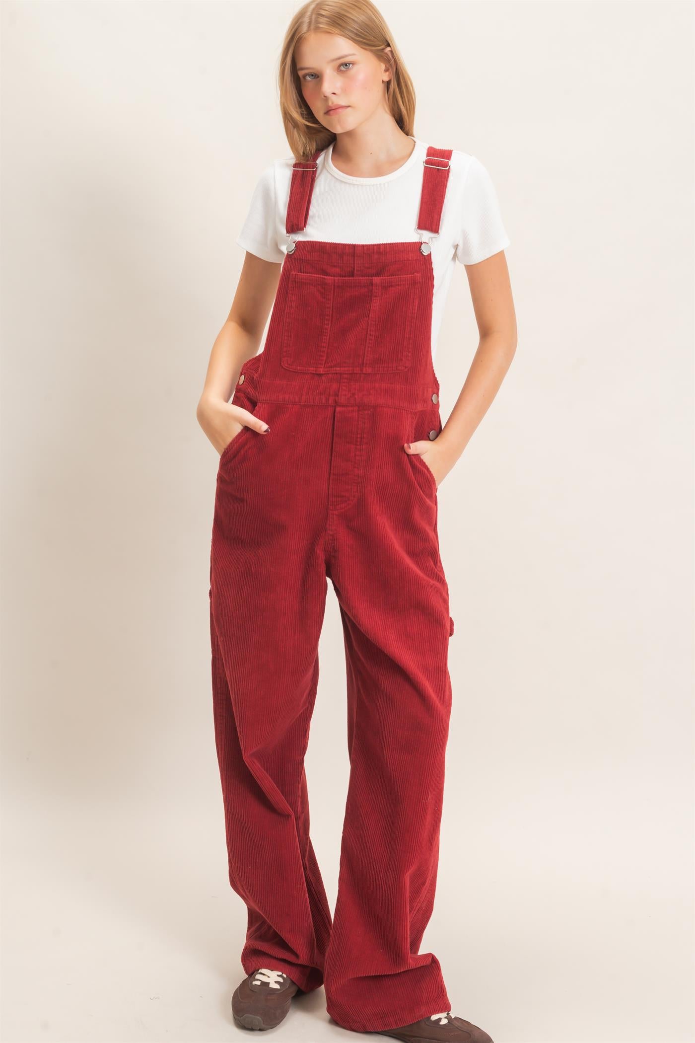 Wholesale Mineral Wash Corduroy Overalls Clothing HF26F210-D BURGUNDY HYFVE