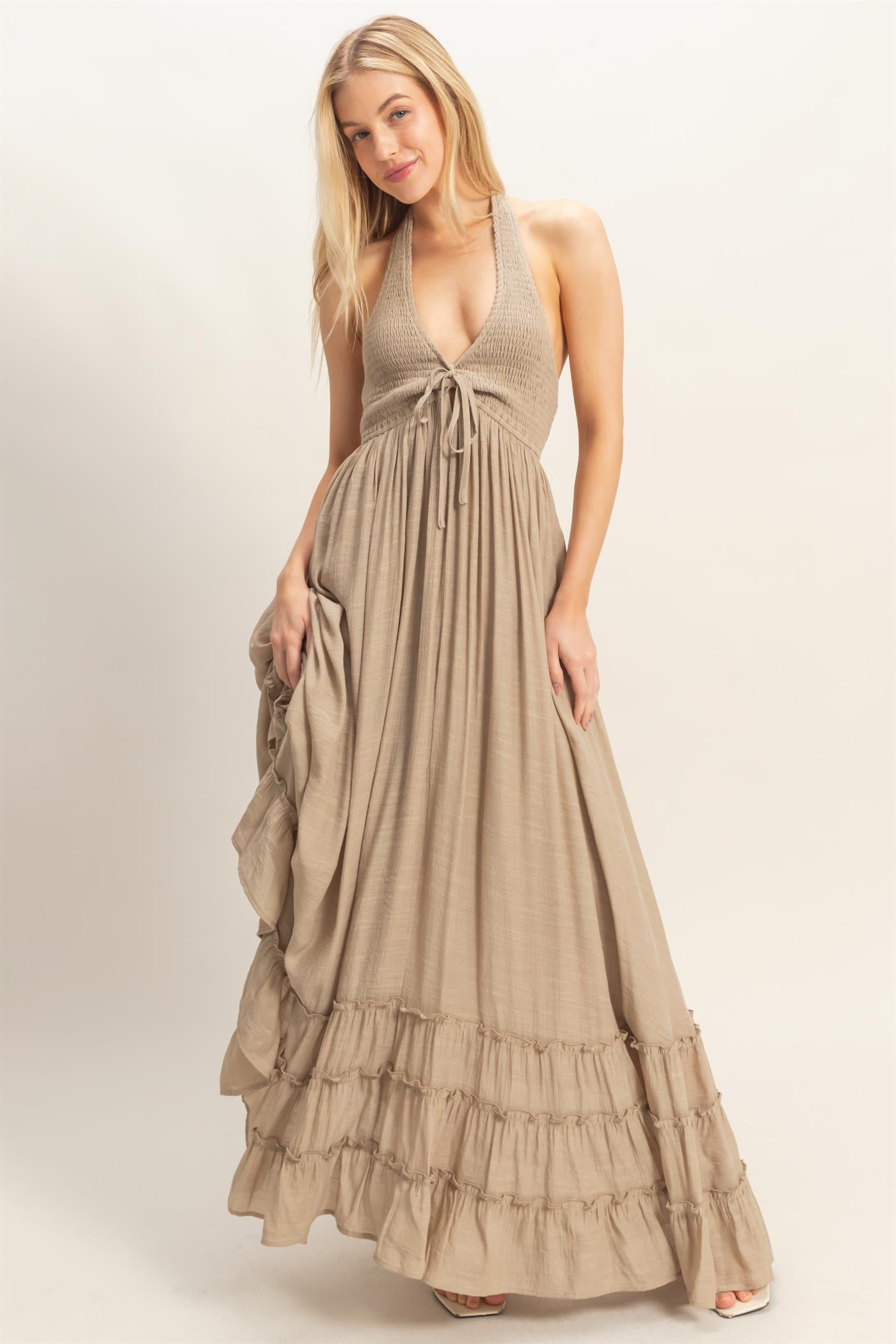 Wholesale Halter Neck Smocked Maxi Dress Dresses HF26C287-D TAUPE HYFVE