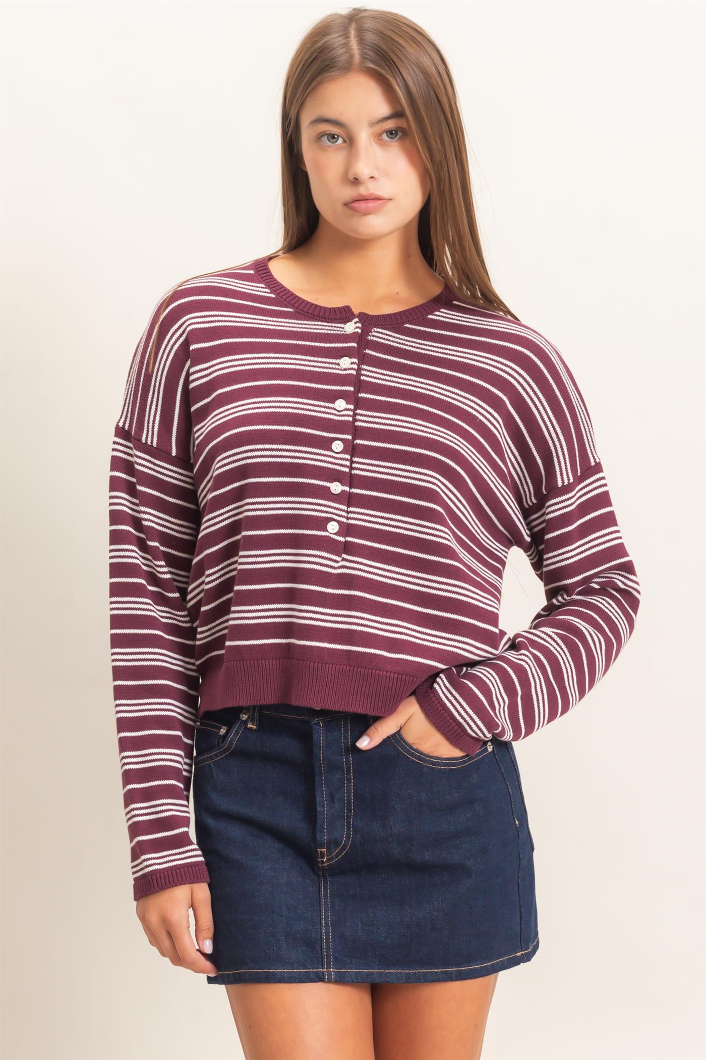 Wholesale Striped Henley Sweater Sweaters DZ26E113 DARK CHERRY DOUBLE ZERO