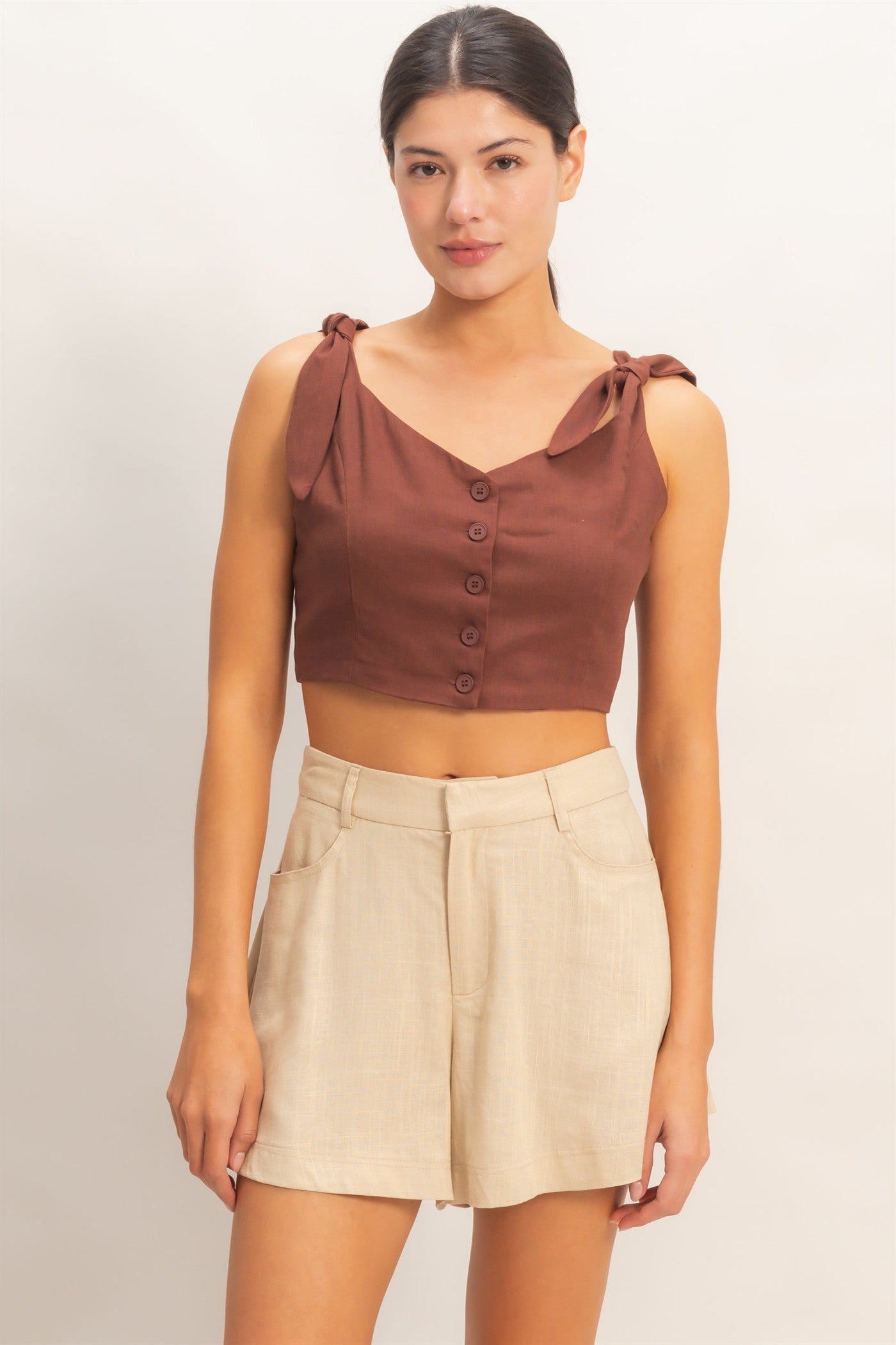 Wholesale Button-Up Tie Strap Crop Top Clothing Tops HF26A445 CHOCOLATE HYFVE