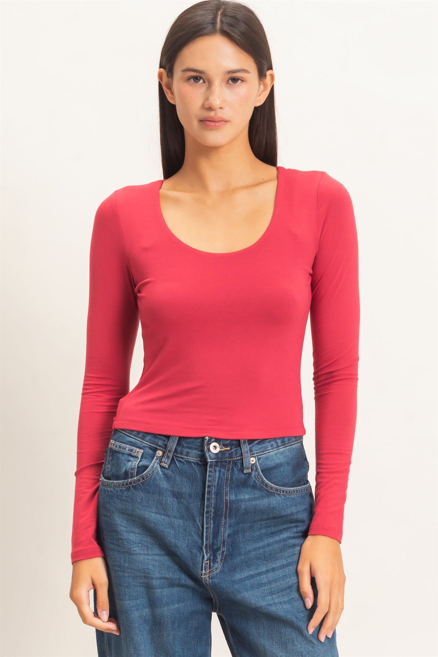 Wholesale Scoop Neck Long Sleeve Top Clothing Tops DZ26E250 DARK RED DOUBLE ZERO