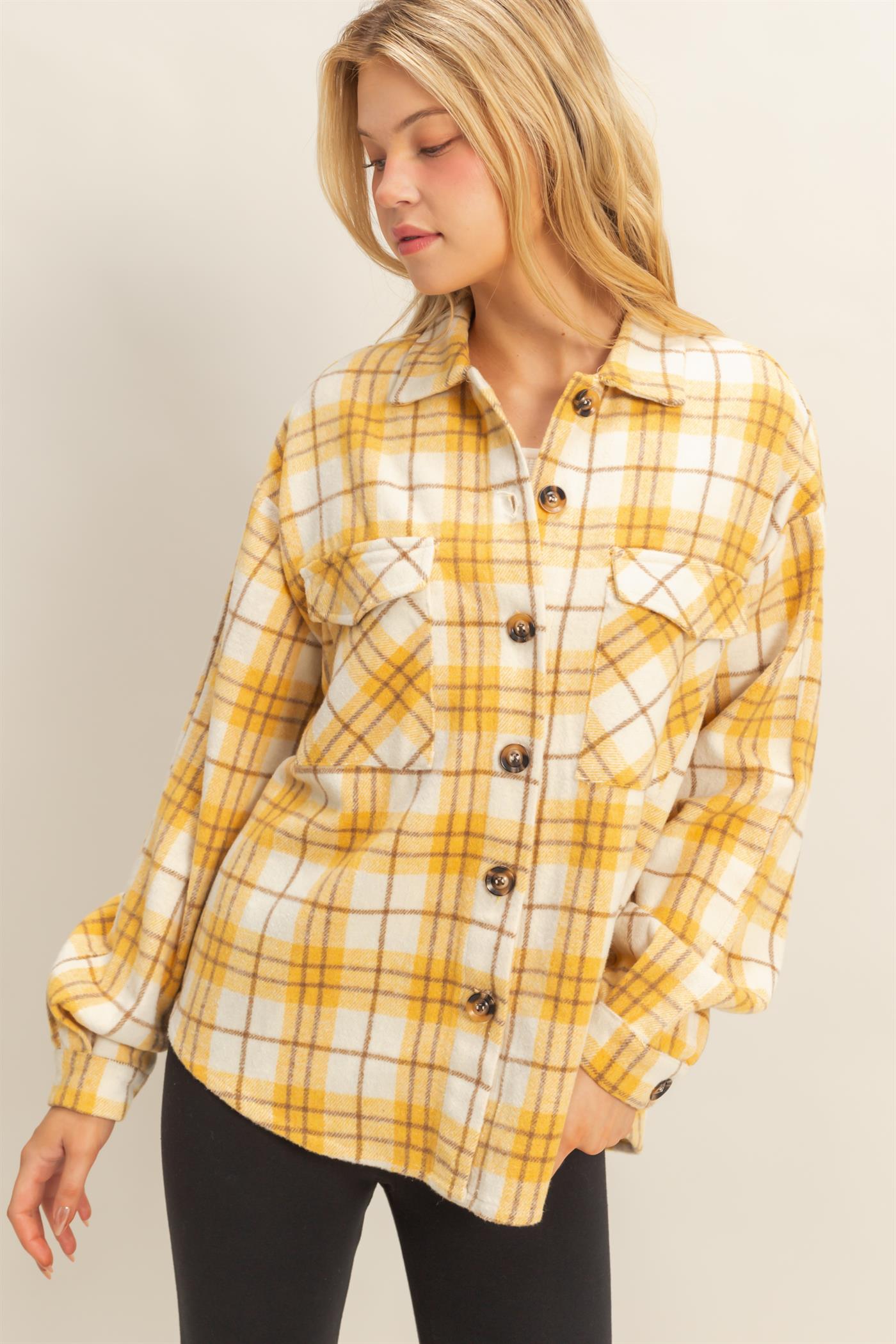 Wholesale Collared Plaid Shacket Shirts HF23G058 YELLOW HYFVE