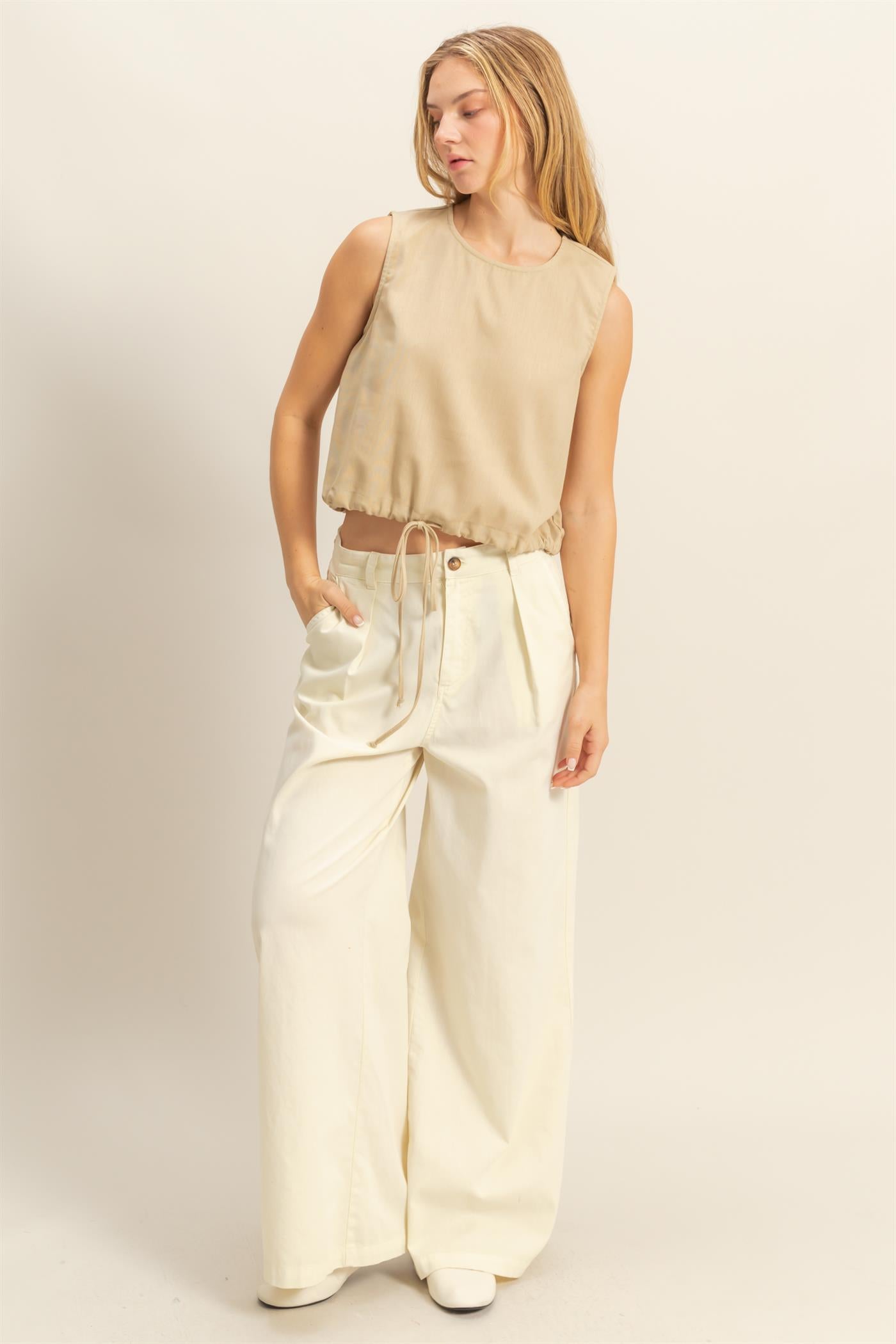 Wholesale Sand Washed Sleeveless Crop Top Clothing Tops DZ25C515 LIGHT TAUPE DOUBLE ZERO