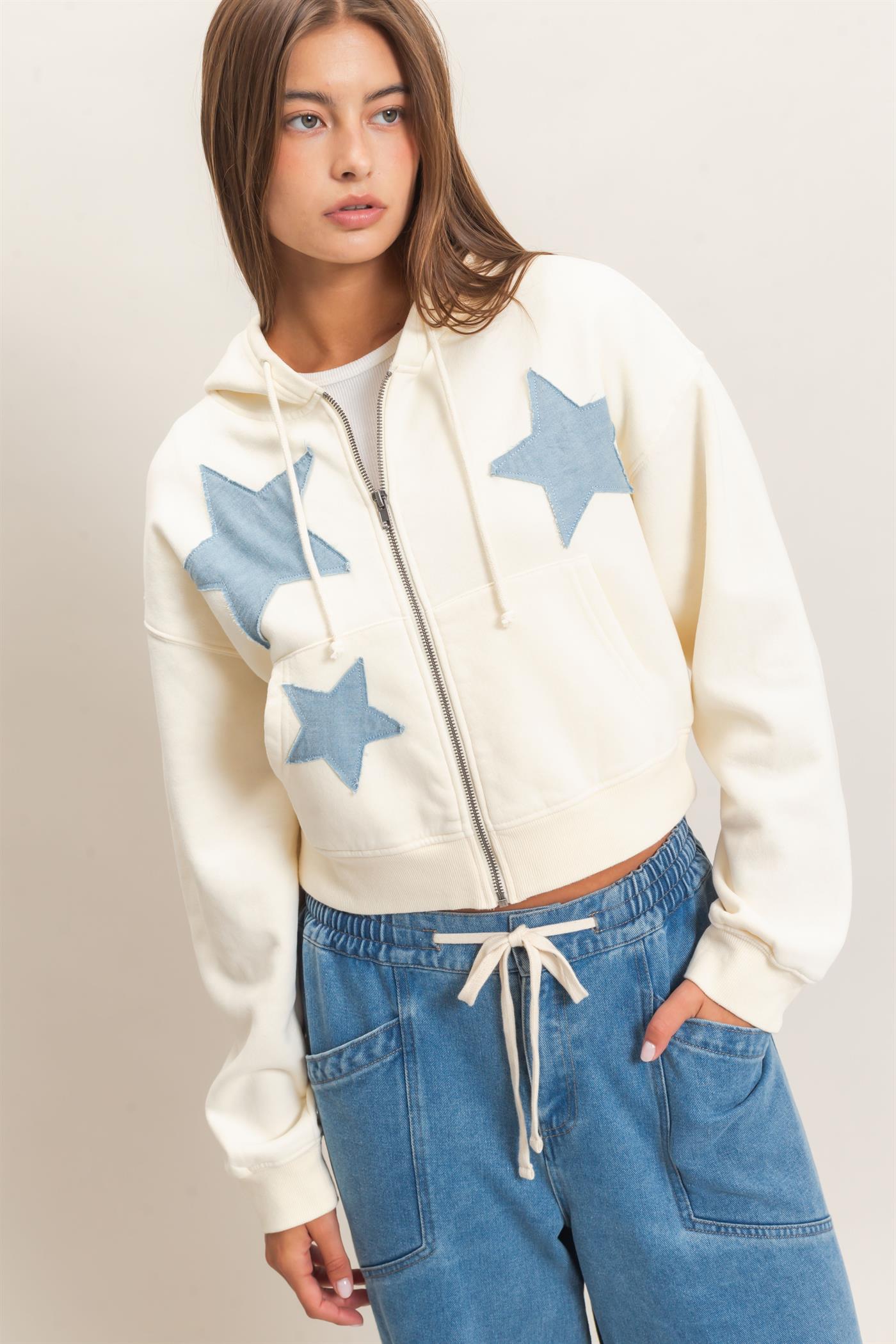 Wholesale Star Patch Zip-Up Hoodie Hoodies DZ26E828 CREAM DOUBLE ZERO