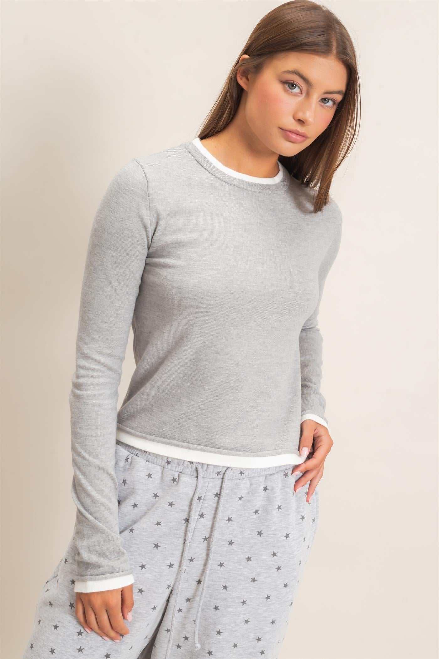 Wholesale Layer Effect Long Sleeve Knit Top Clothing Tops DZ26F394 HEATHER GRAY DOUBLE ZERO