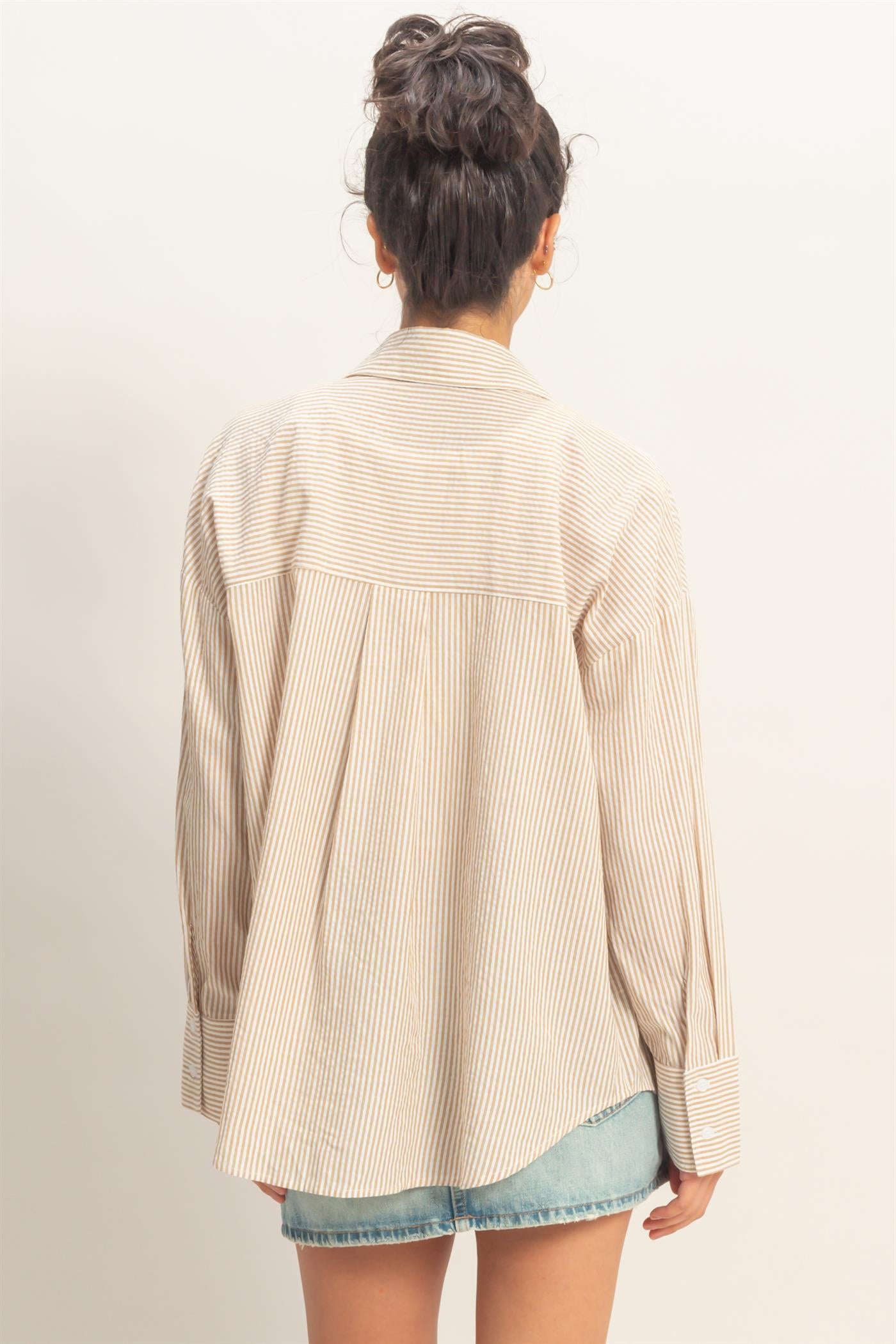 Wholesale Striped Button-Up Shirt Shirts DZ26A737 TAUPE DOUBLE ZERO