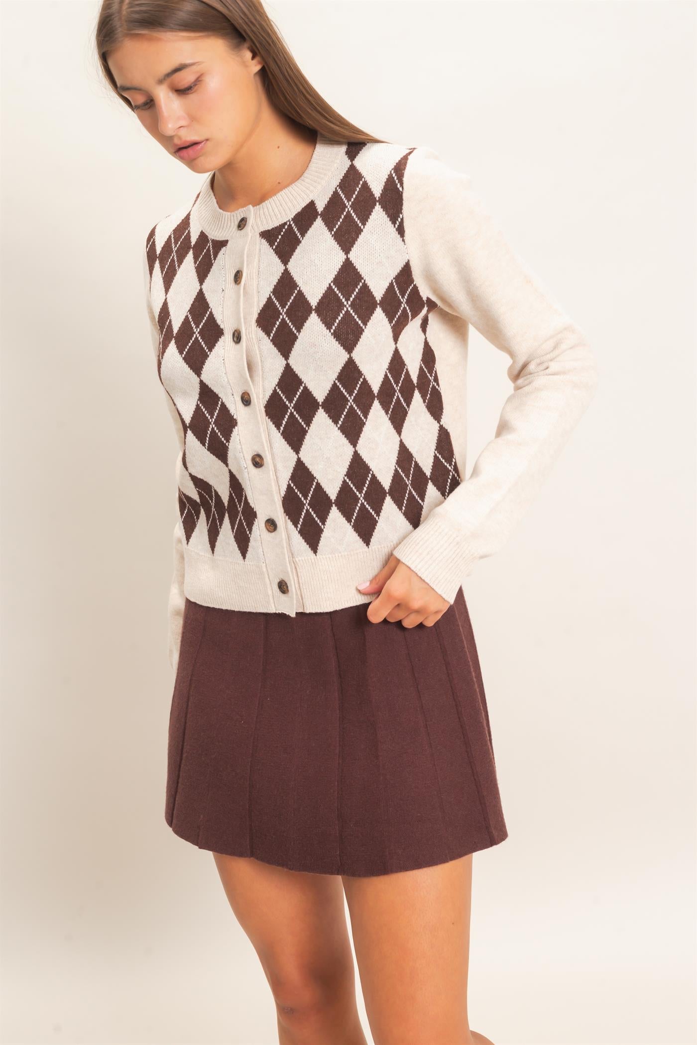 Wholesale Argyle Pattern Cardigan Cardigans DZ26E637 OATMEAL DOUBLE ZERO