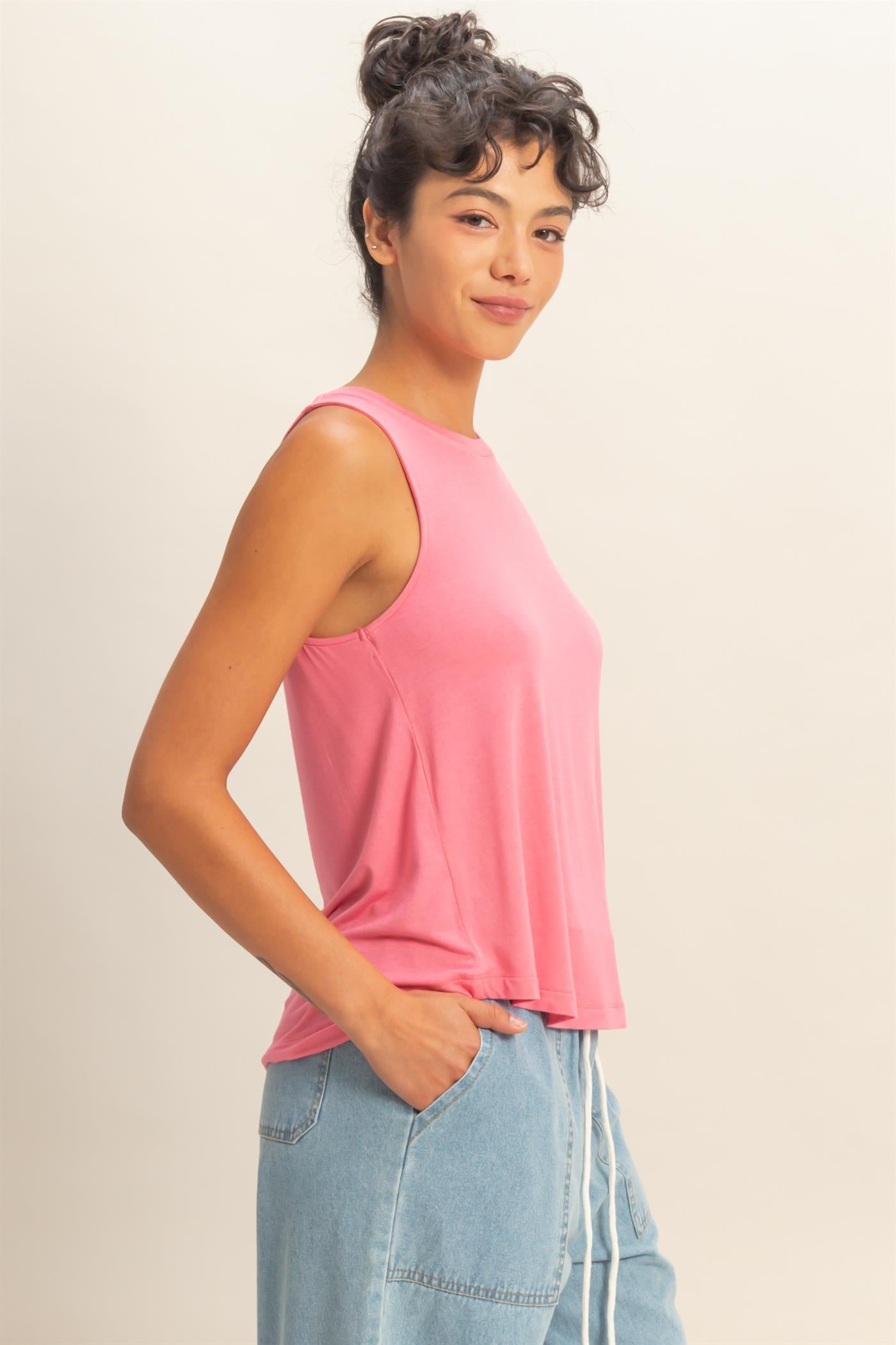 Wholesale Crew Neck Rayon Tank Top Tank Tops DZ26A332 TAFFY PINK DOUBLE ZERO