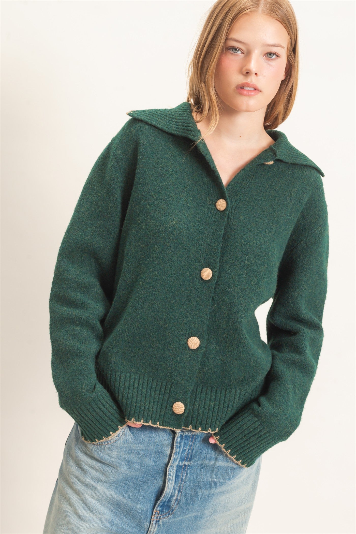 Wholesale Blanket Stitch Collared Cardigan Cardigans HF26F356 DEEP GREEN HYFVE