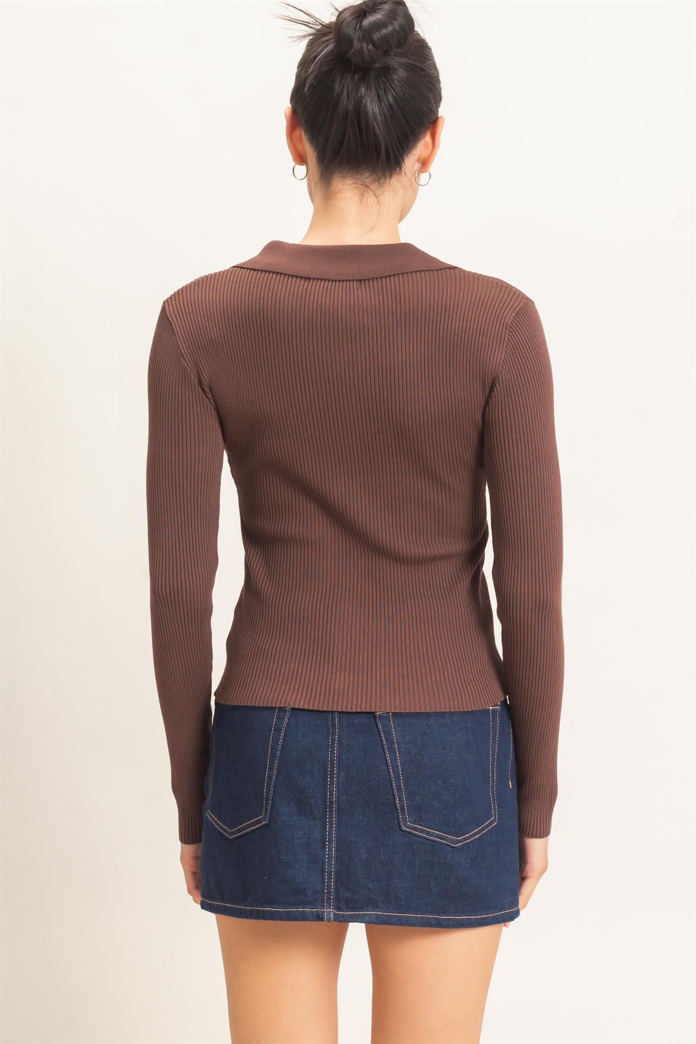 Wholesale Ribbed V-Neck Sweater With Collar Clothing Tops HF26E684 BROWN HYFVE