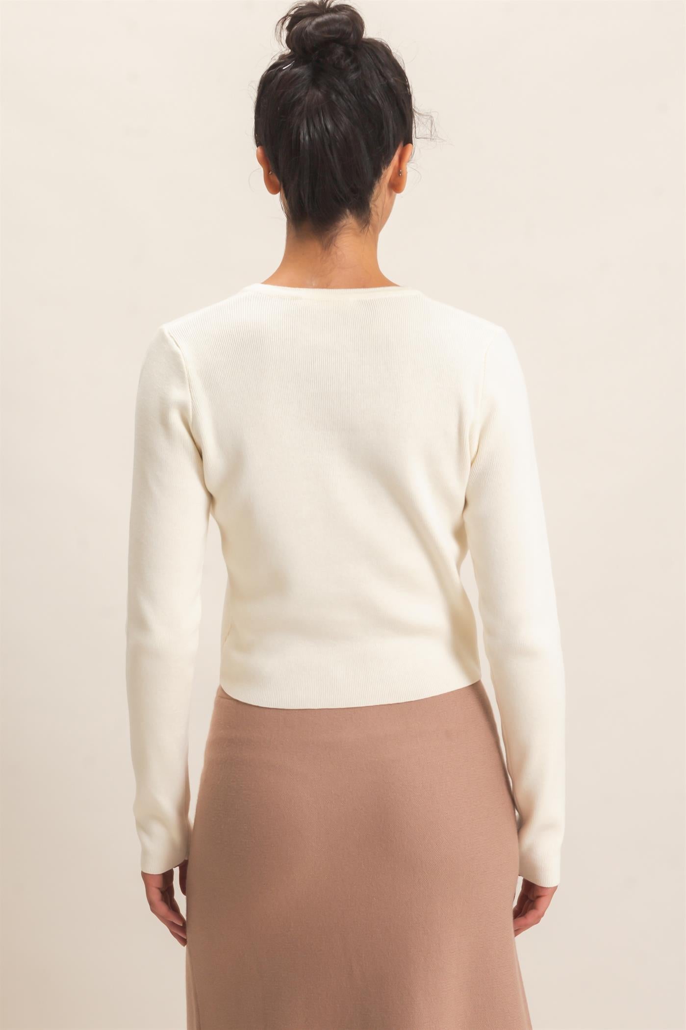 Wholesale Ribbed Crew Neck Cardigan Cardigans DZ27A153 CREAM DOUBLE ZERO