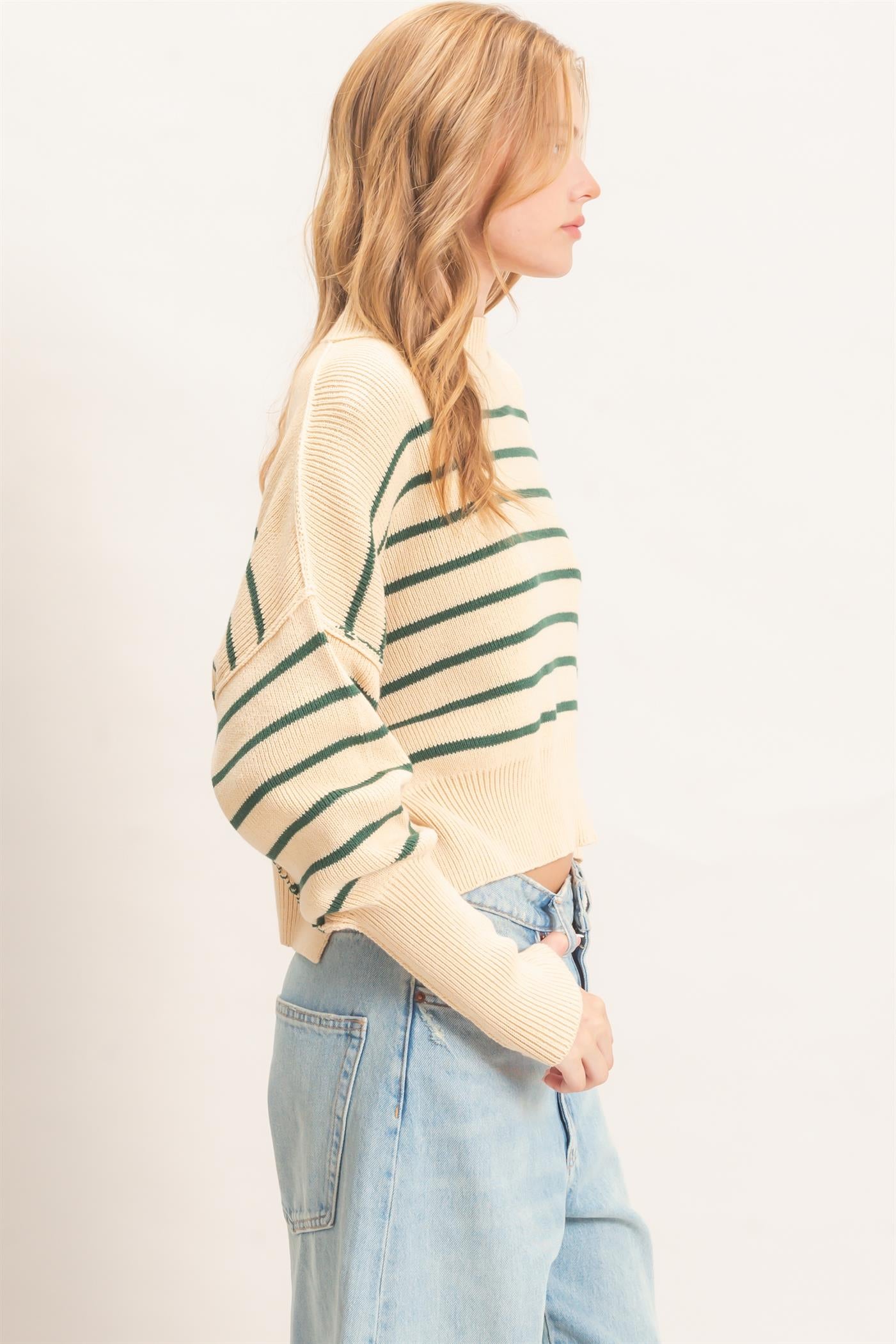 Wholesale Striped Mock Neck Cropped Sweater Sweaters HF26F192 GREEN HYFVE