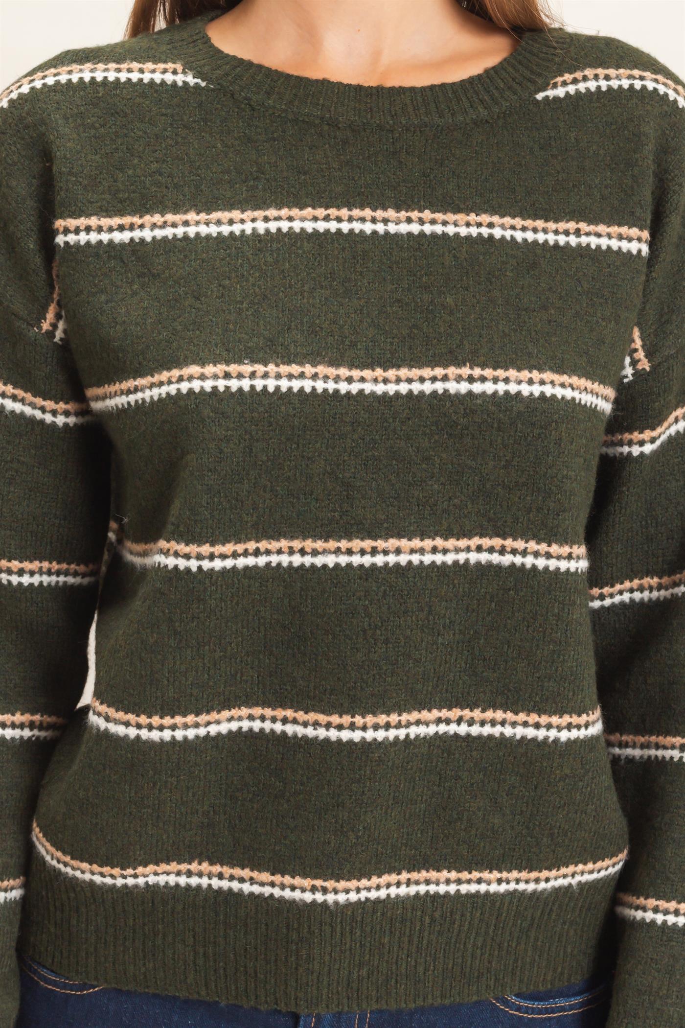 Wholesale Striped Crew Neck Sweater Sweaters HF26E696-D DARK OLIVE HYFVE