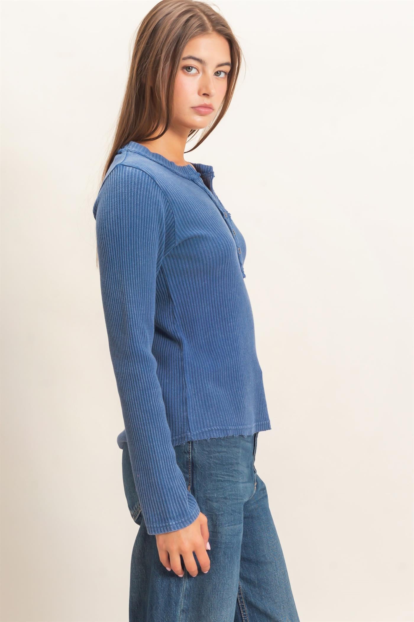 Wholesale Mineral Wash Waffle Henley Long Sleeve Top Clothing Tops DZ26E243 NAVY DOUBLE ZERO