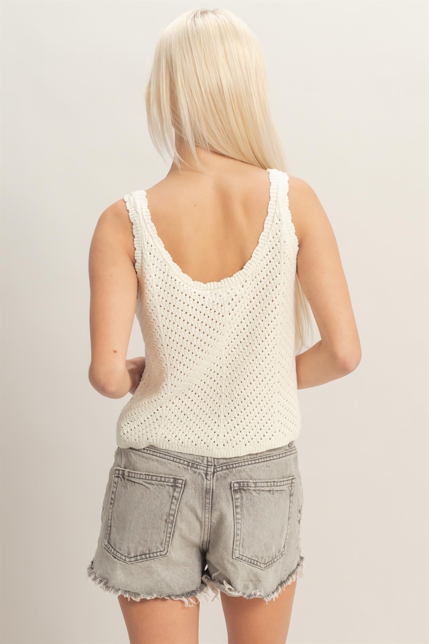 Wholesale Open Knit Scallop Edge Button Front Tank Top Tank Tops DZ26A221 CREAM DOUBLE ZERO
