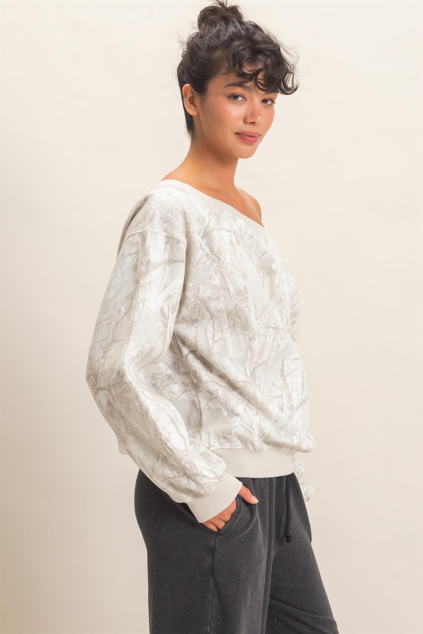 Wholesale Tree Camouflage Print Off The Shoulder Sweatshirt Sweatshirts DZ26F310 GRAY DOUBLE ZERO