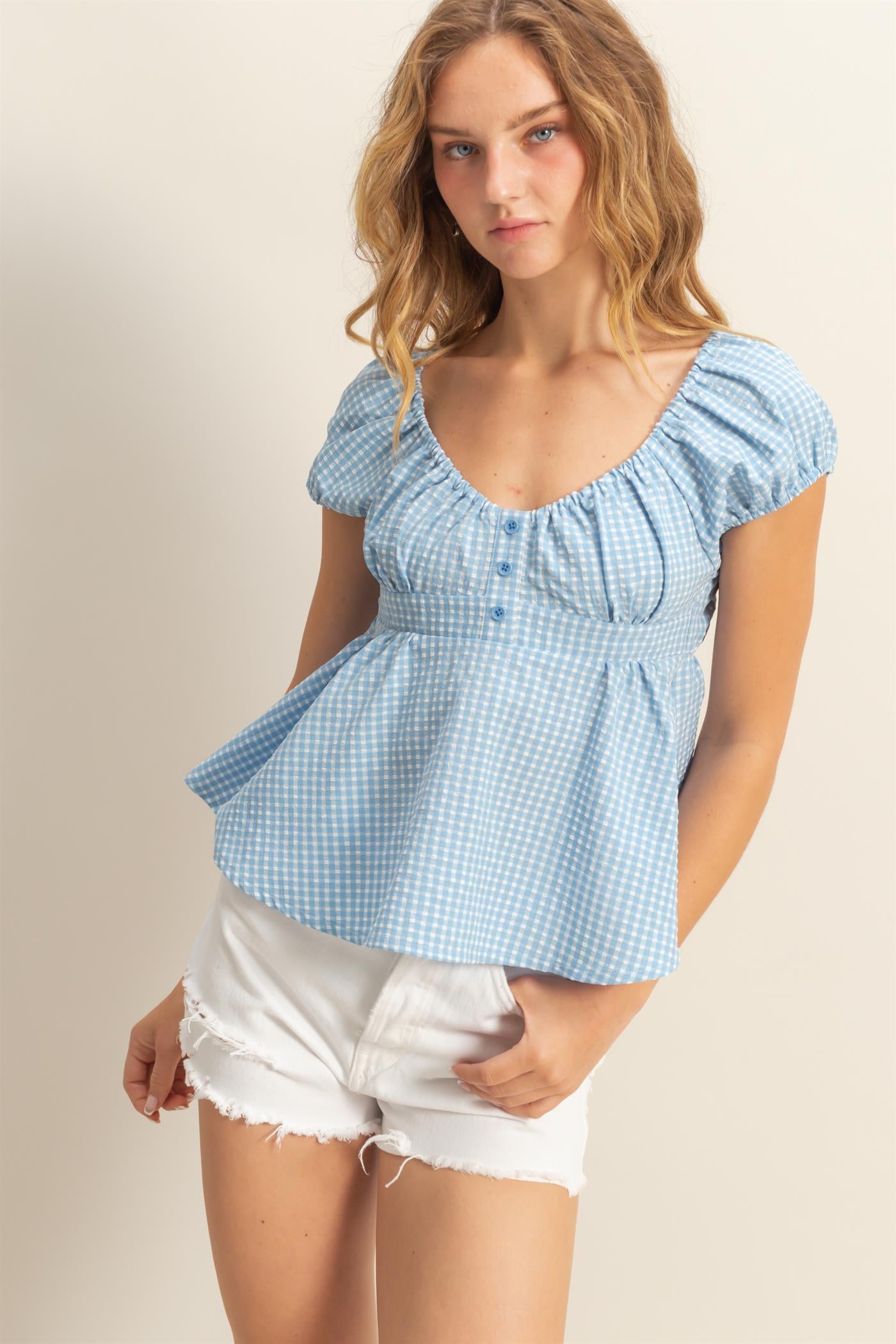 Wholesale Gingham Scoop Neck Cap Sleeve Blouse Blouses DZ25C042 BLUE DOUBLE ZERO