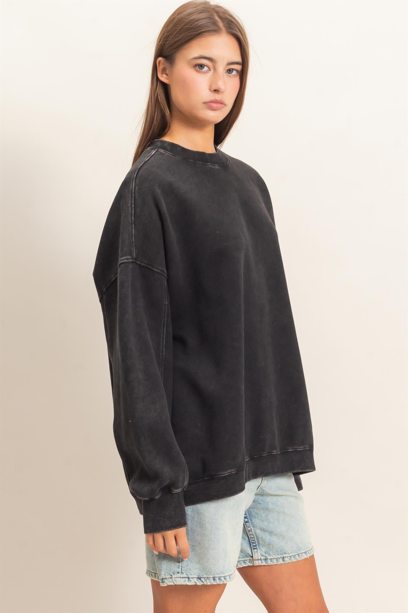 Wholesale Acid Wash Crew Neck Long Sleeve Sweatshirt Sweatshirts DZ26E268 BLACK DOUBLE ZERO