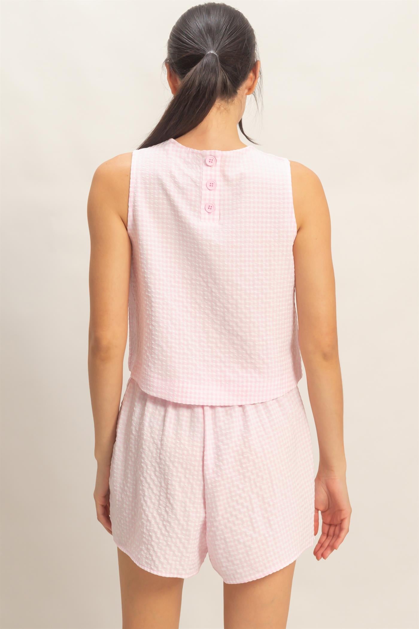 Wholesale Gingham Checkered Sleeveless Top And Skort Set Clothing DZ26C688-SET PINK DOUBLE ZERO