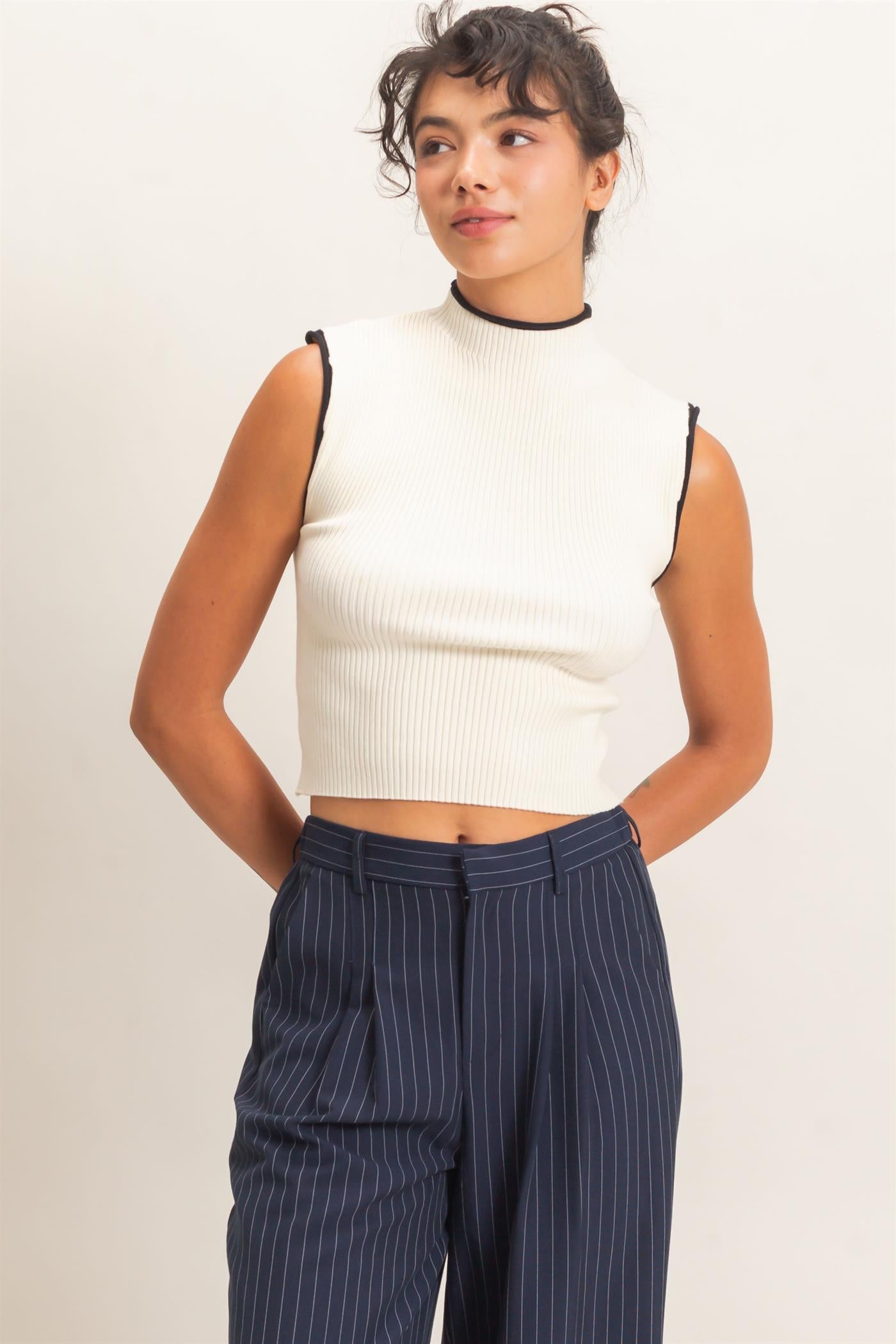 Wholesale Ribbed Mock Neck Sleeveless Top Clothing Tops DZ26E777 CREAM DOUBLE ZERO