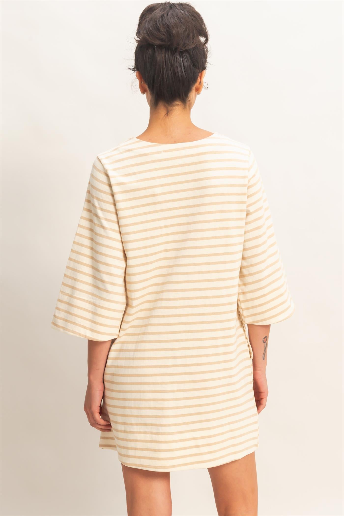 Wholesale Striped Round Neck Half-Sleeve Mini Dress Dresses DZ26A460 TAUPE DOUBLE ZERO