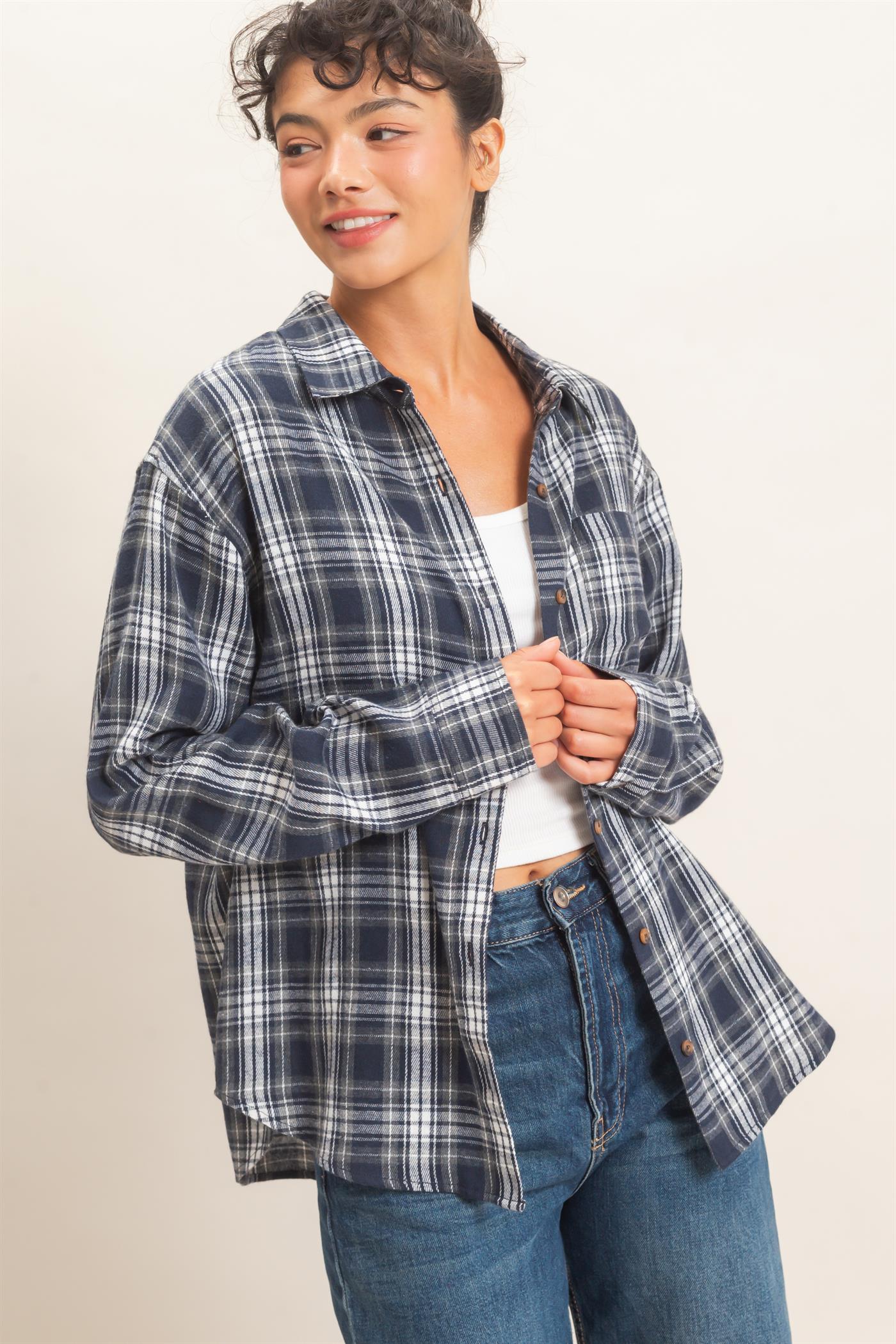 Wholesale Plaid Long Sleeve Shirt Shirts DZ26F275 NAVY DOUBLE ZERO