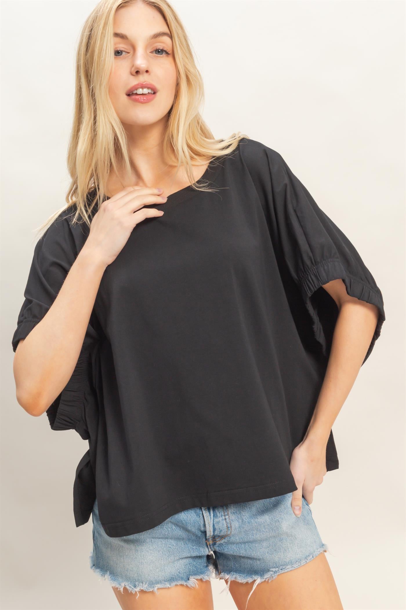 Wholesale Oversized Elastic Cuff Top T-Shirts HF26C082 BLACK HYFVE