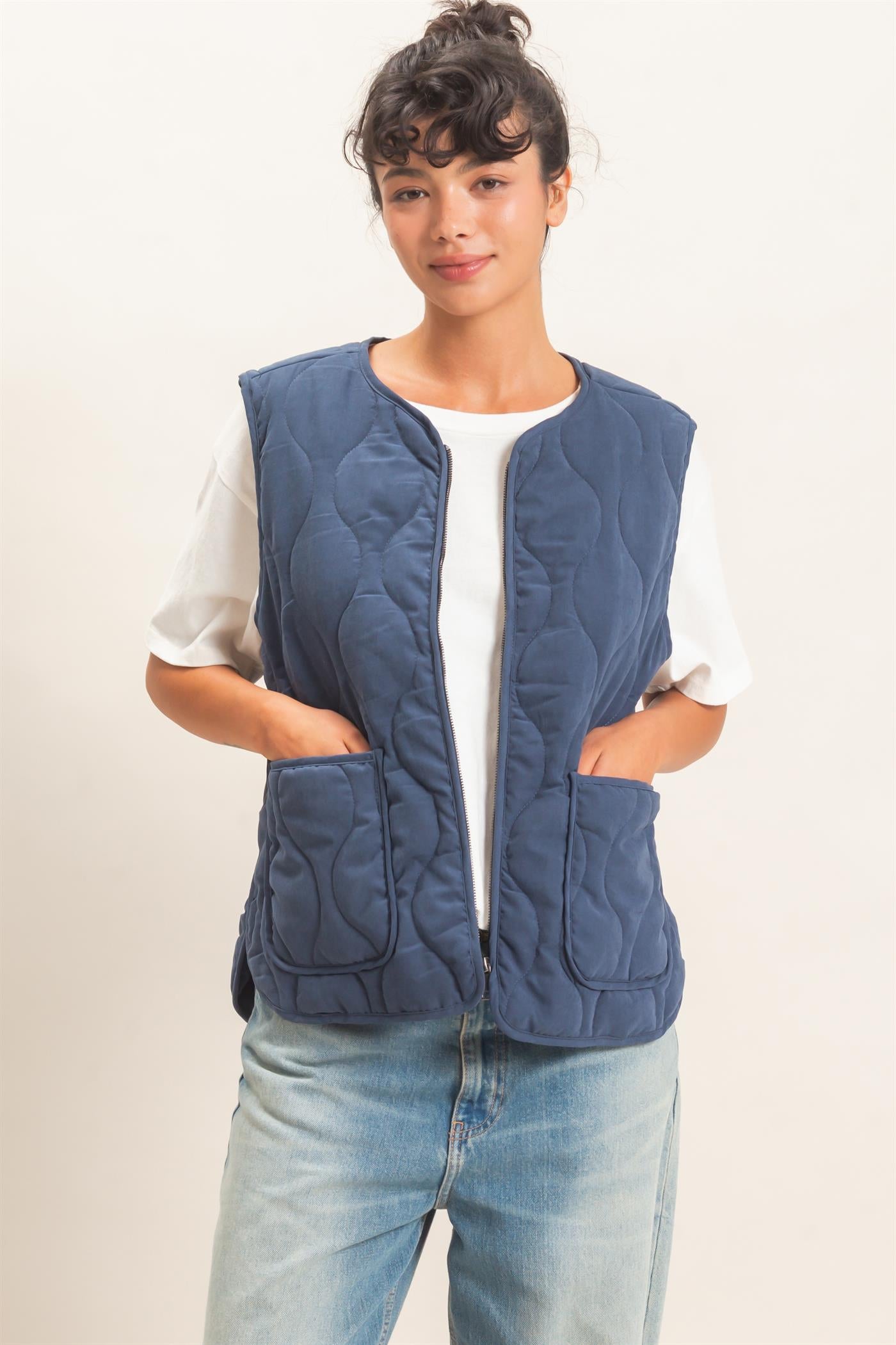 Wholesale Quilted Vest With Pockets Vests DZ26F336 NAVY DOUBLE ZERO