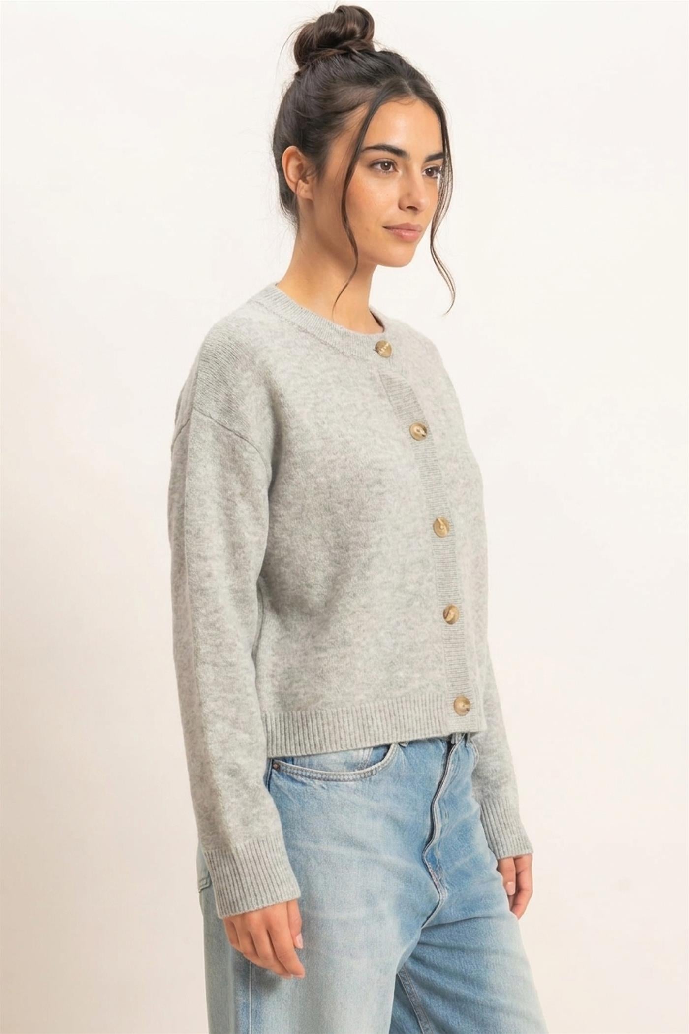 Wholesale Crew Neck Button Front Cardigan Cardigans DZ26E639 HEATHER GRAY DOUBLE ZERO