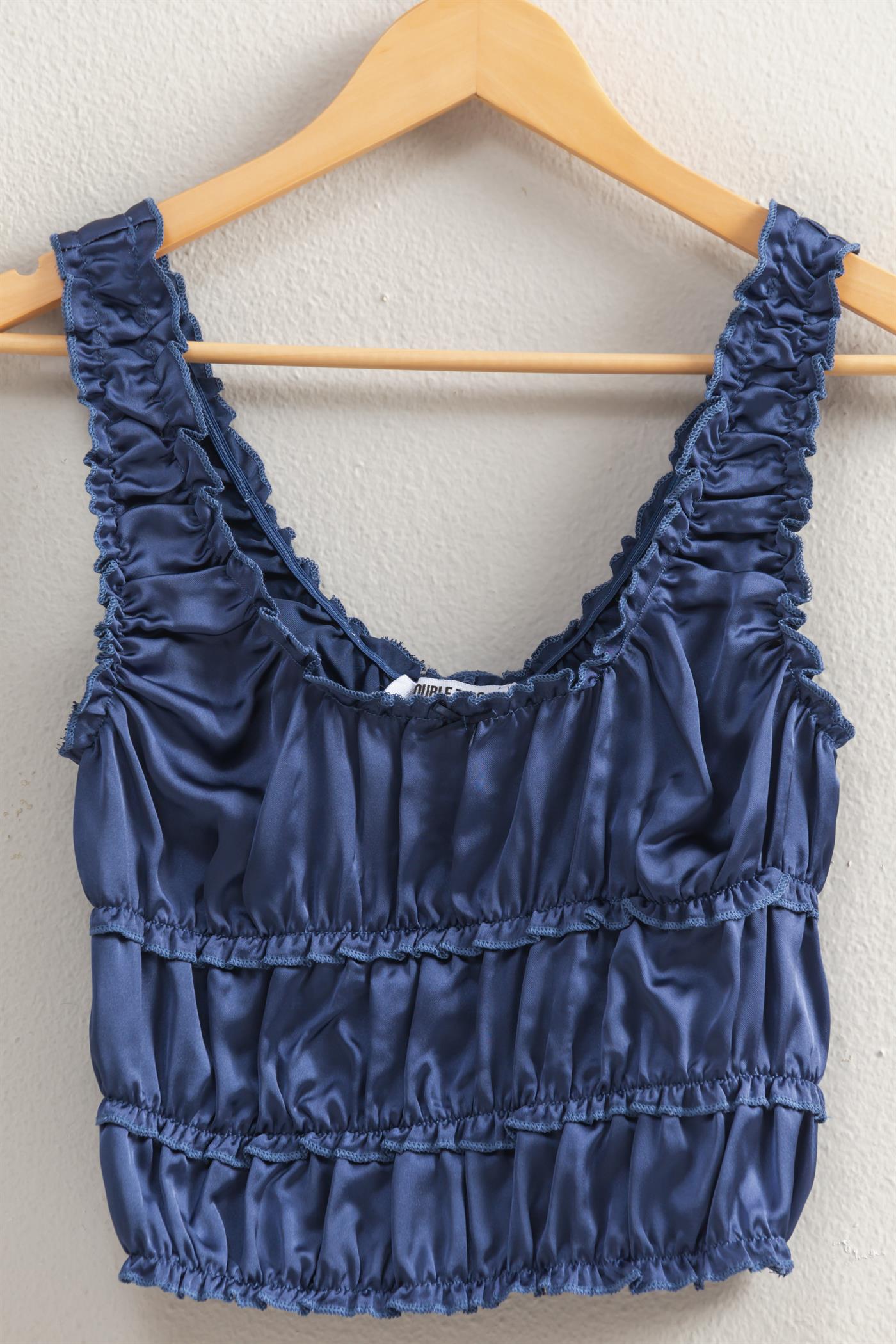 Wholesale Ruched Satin Sleeveless Crop Top Clothing Tops DZ25C172 DUSTY INDIGO DOUBLE ZERO
