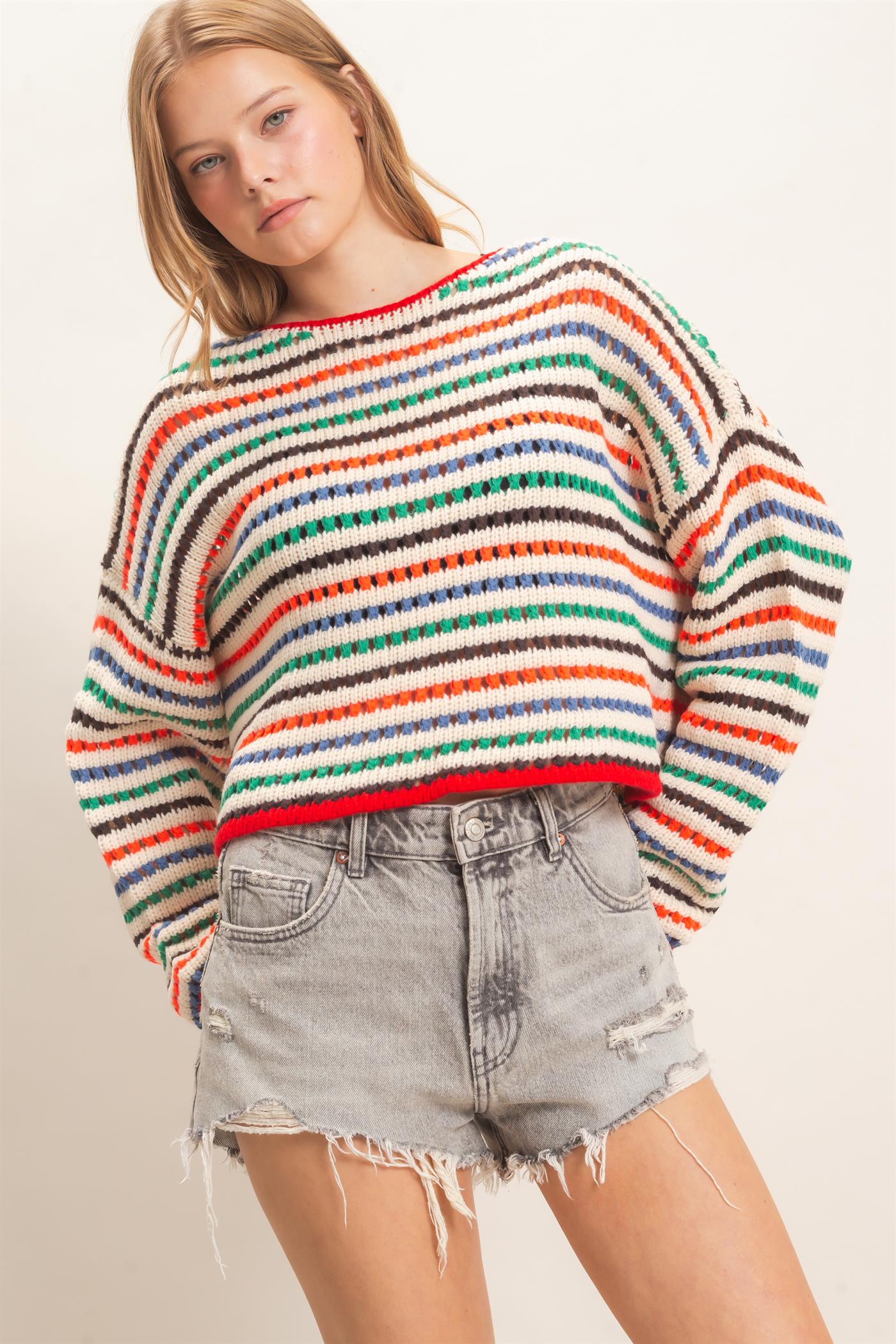 Wholesale Striped Knit Sweater Sweaters HF26F189 CREAM HYFVE