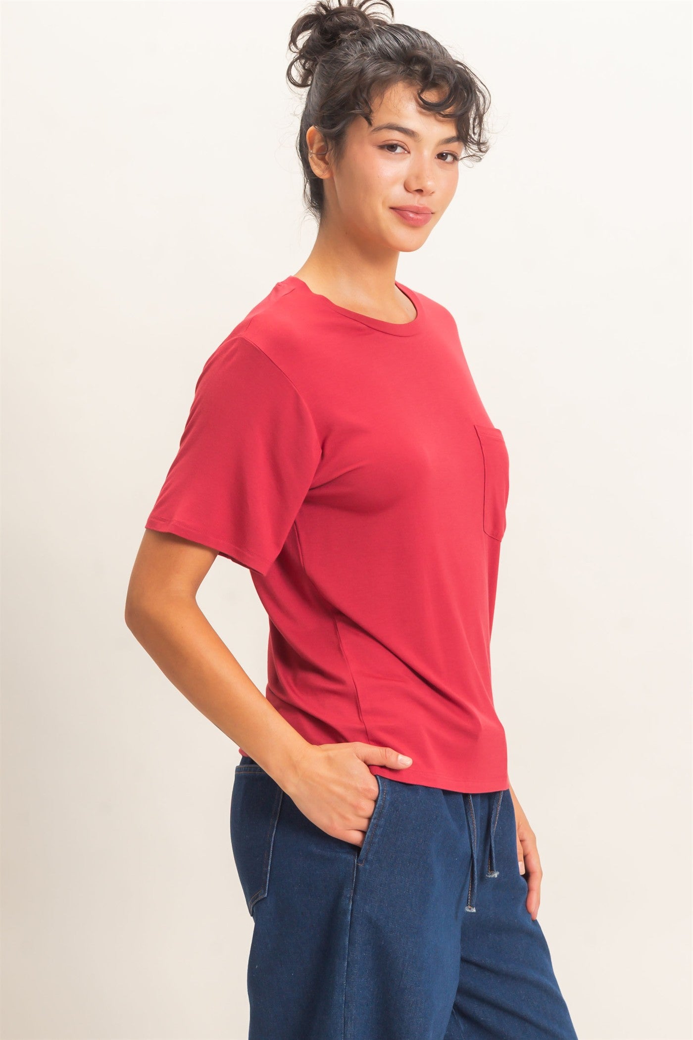 Wholesale Crew Neck Pocket Tee Clothing Tops DZ26E254 DARK RED DOUBLE ZERO