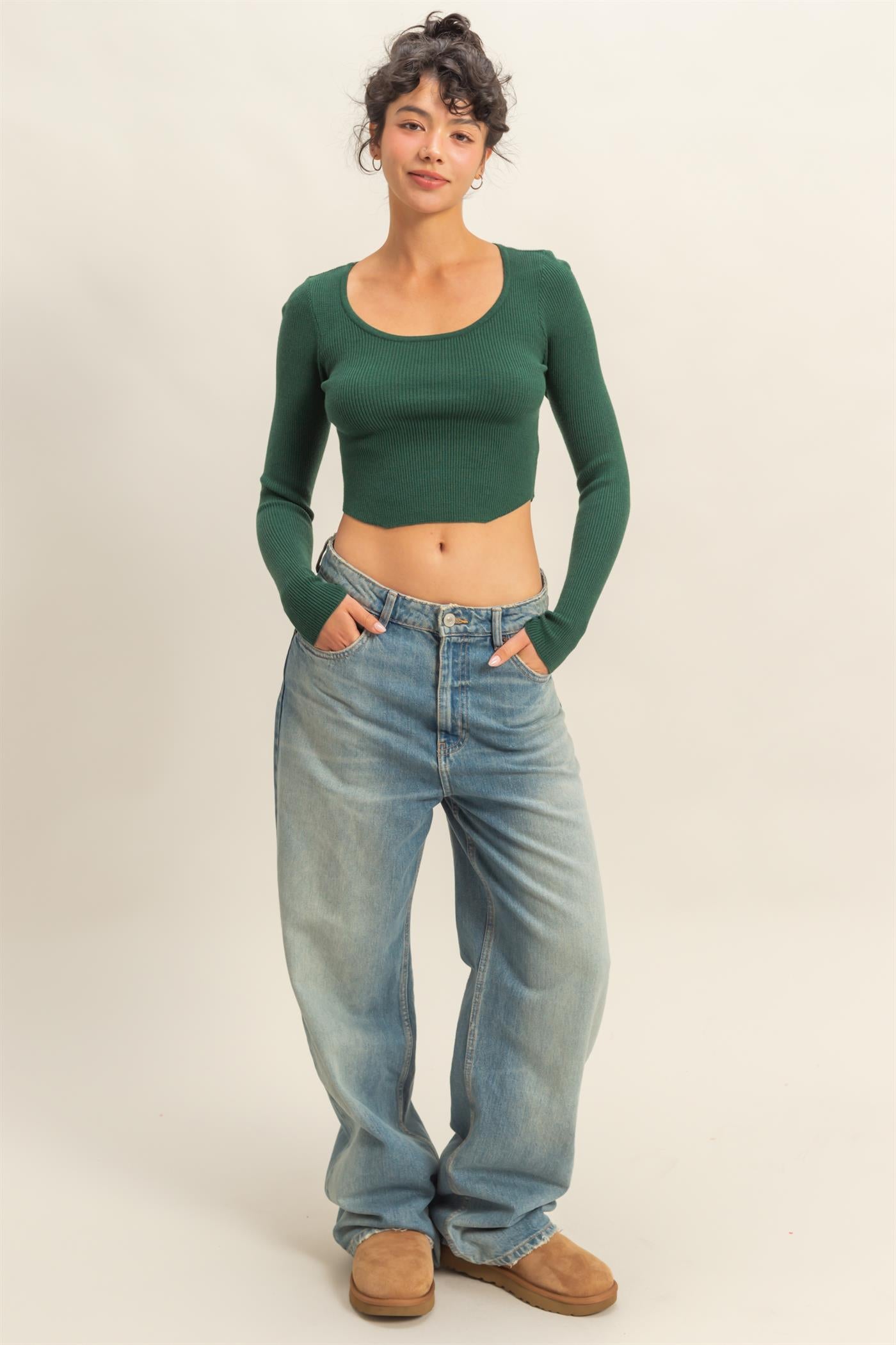 Wholesale Scoop Neck Long Sleeve Fitted Knit Top Clothing Tops DZ25E353 DARK GREEN DOUBLE ZERO