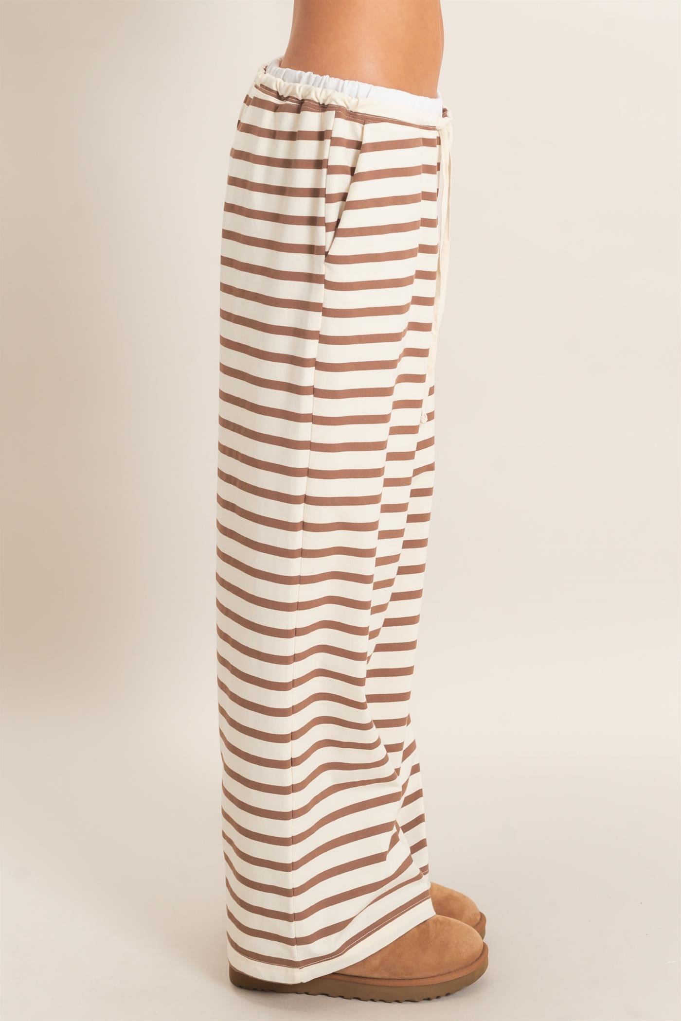 Wholesale Striped Wide-Leg Pants Pants HF26F229-D CREAM/ BROWN HYFVE