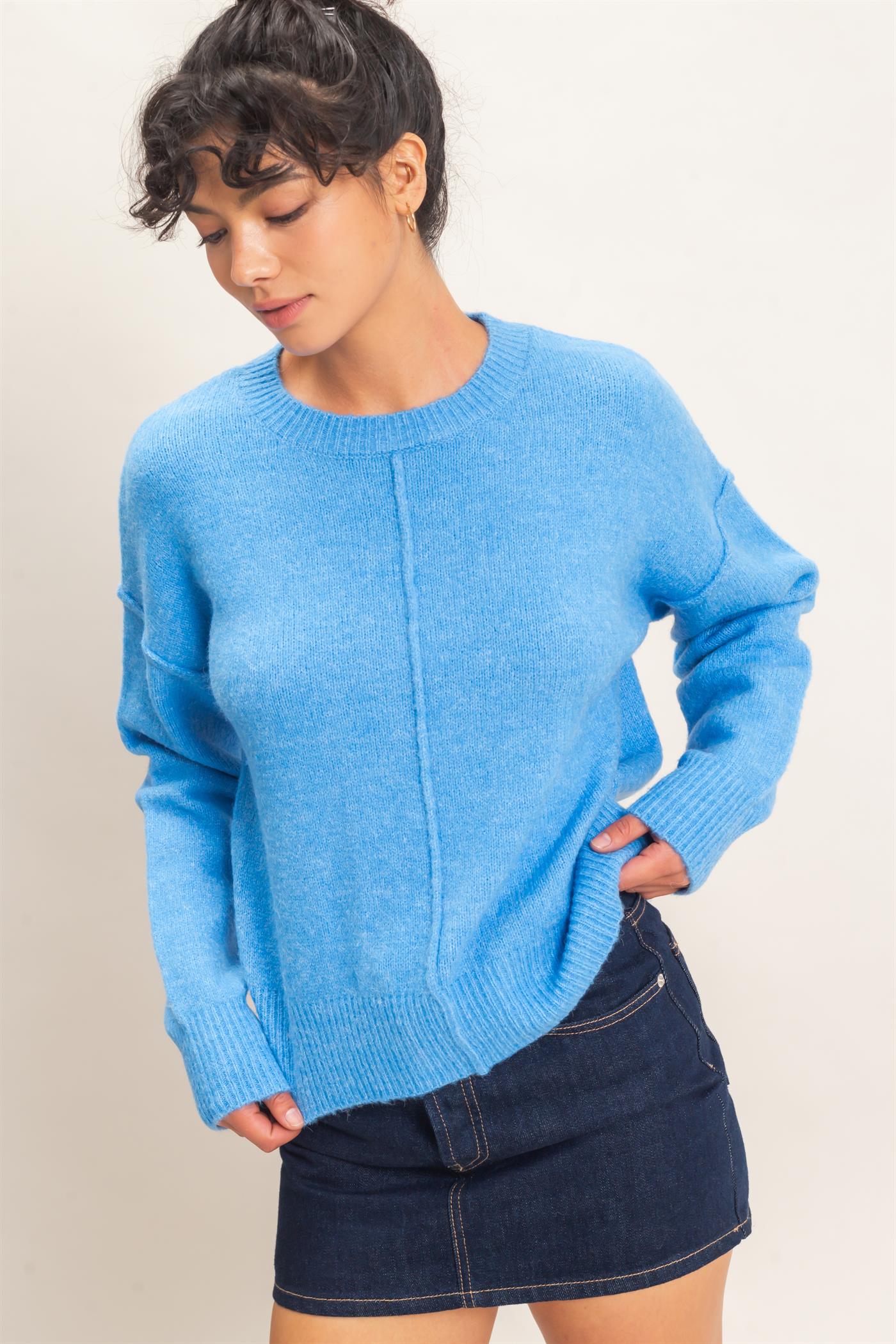 Wholesale Crew Neck Seam Detail Sweater Sweaters DZ26E240 BLUE DOUBLE ZERO