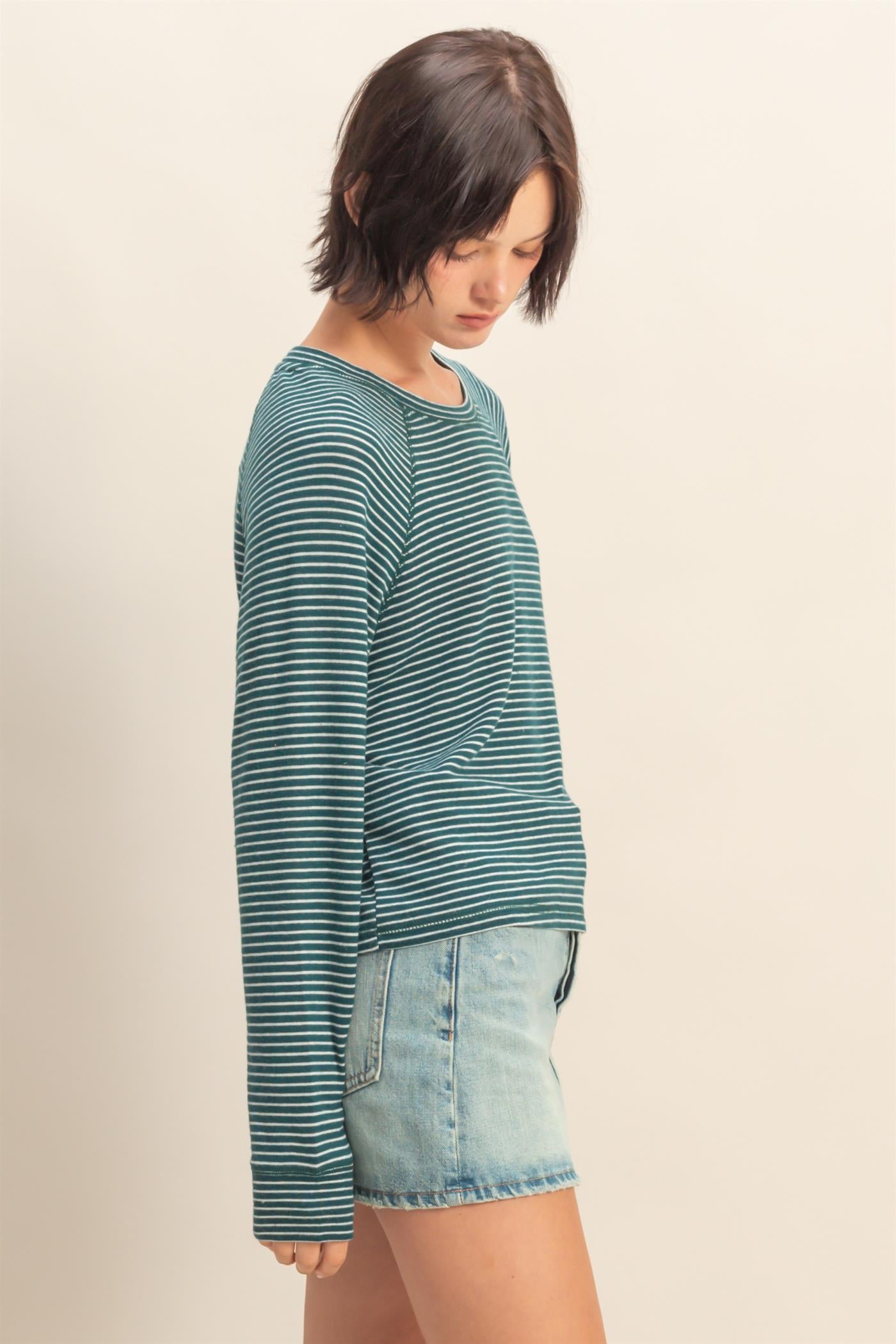 Wholesale Striped Raglan Long Sleeve Top Clothing Tops DZ25E600 DEEP GREEN/CREAM DOUBLE ZERO