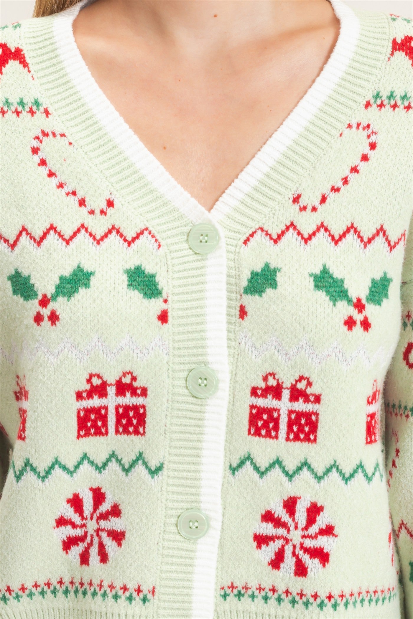 Wholesale Holiday Jacquard V-Neck Cardigan Cardigans HF26E919 SAGE GREEN HYFVE