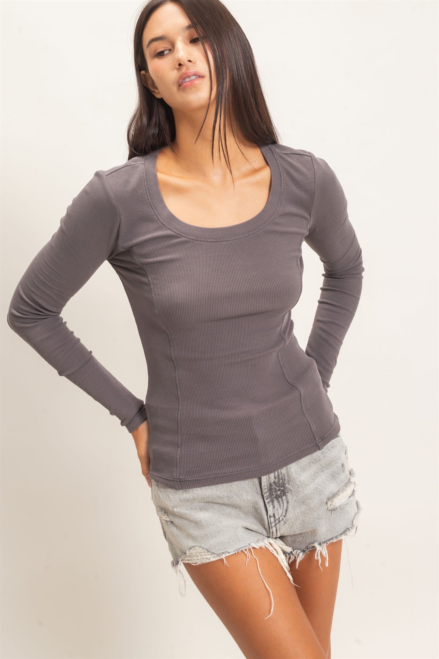 Wholesale Pigment Dye Seam Detail Scoop Neck Top Clothing Tops DZ26E242 CHARCOAL DOUBLE ZERO
