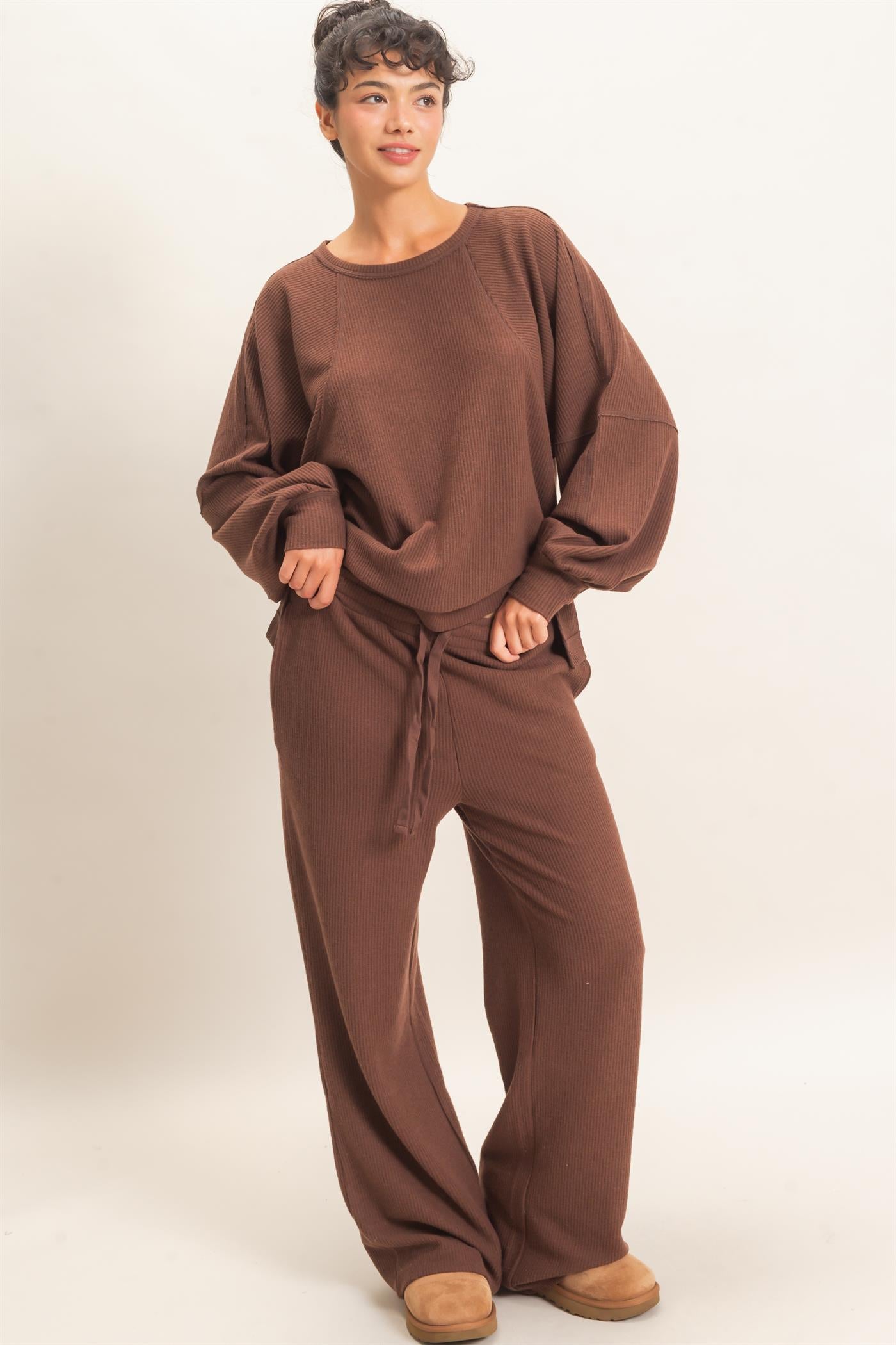 Wholesale Brushed Waffle Drawstring Pants Pants DZ26F313 DARK BROWN DOUBLE ZERO