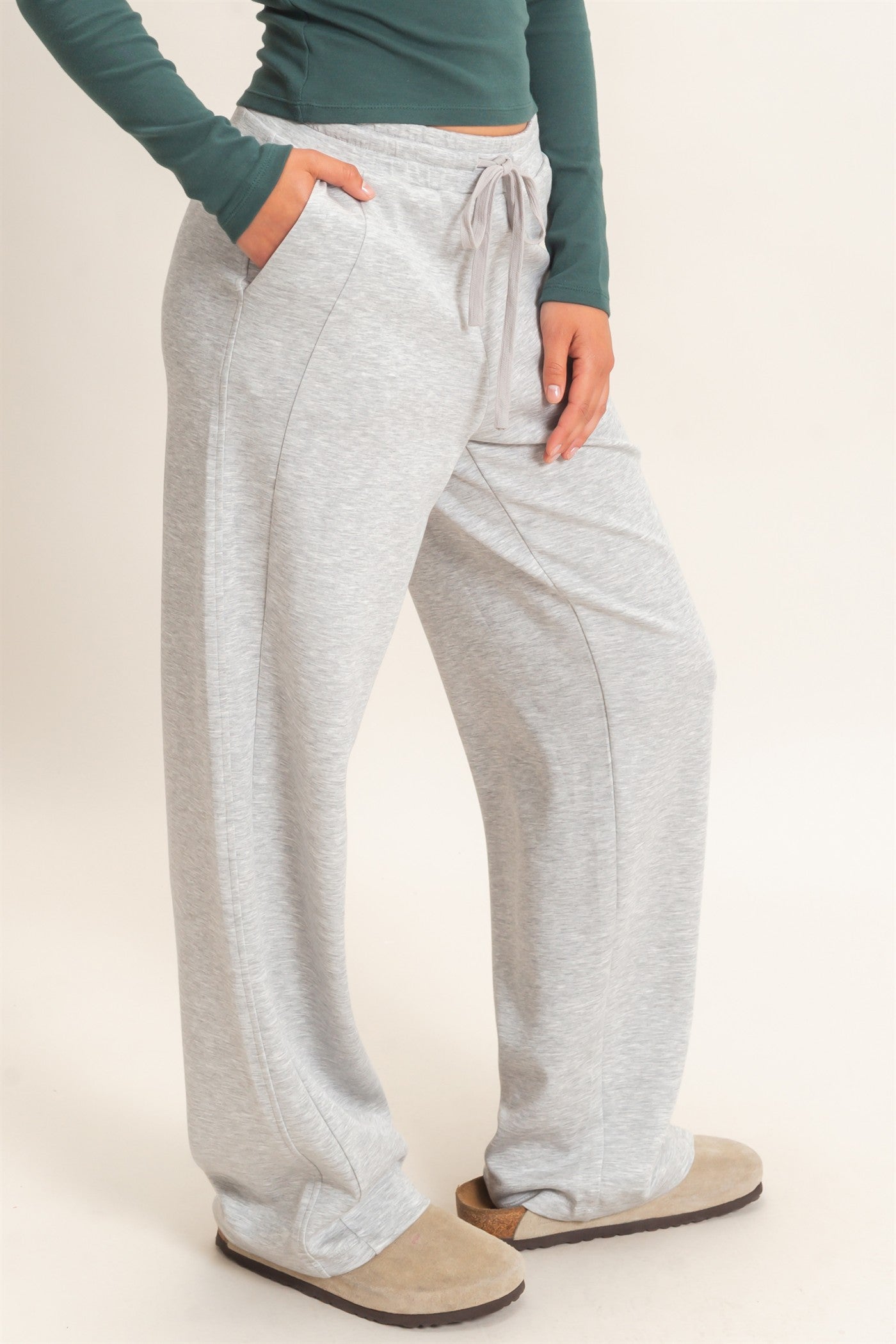 Wholesale Elastic Waist Straight Leg Pants Pants DZ26C969 HEATHER GRAY DOUBLE ZERO