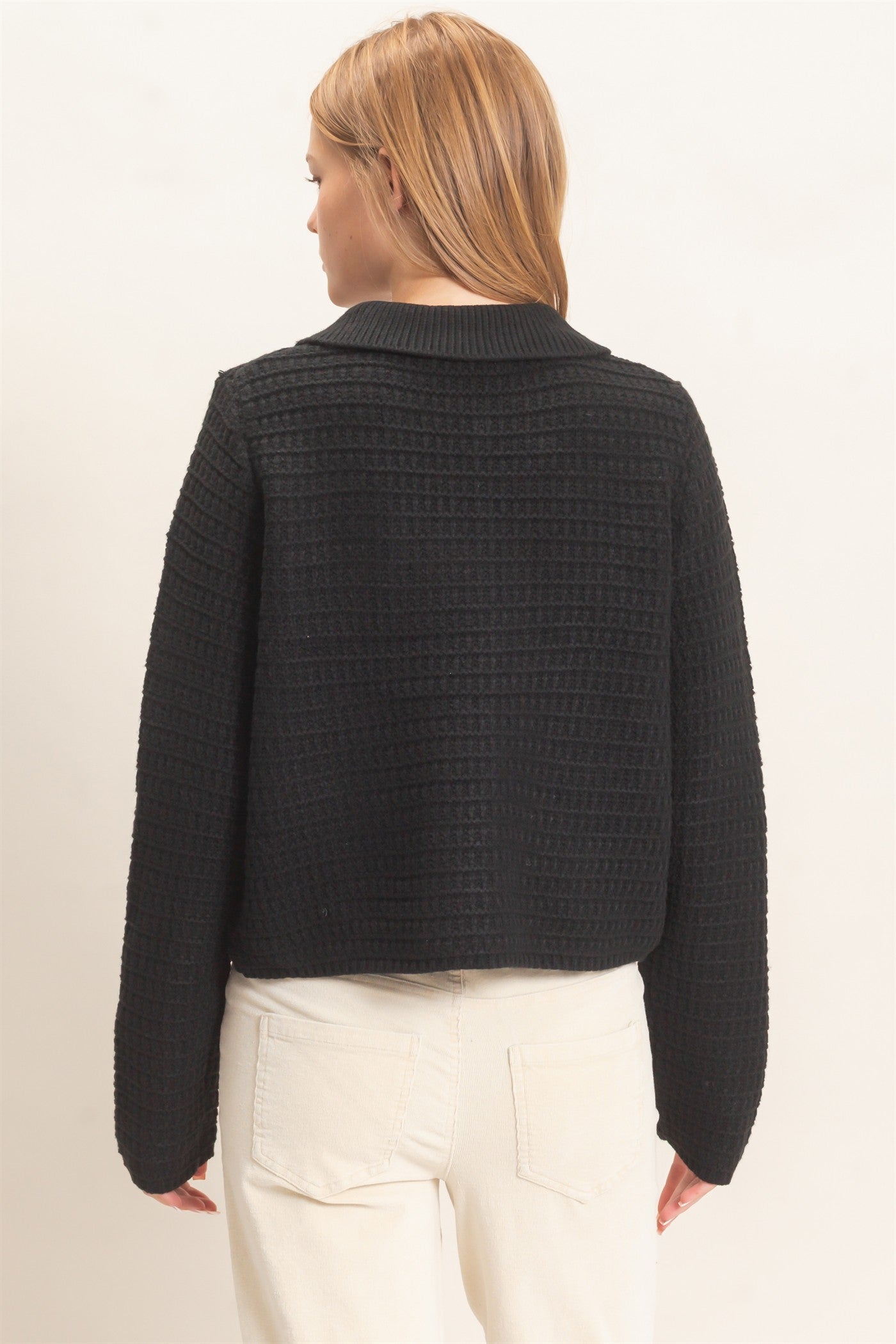 Wholesale Textured Collared Sweater Jacket Cardigans HF26F190 BLACK HYFVE