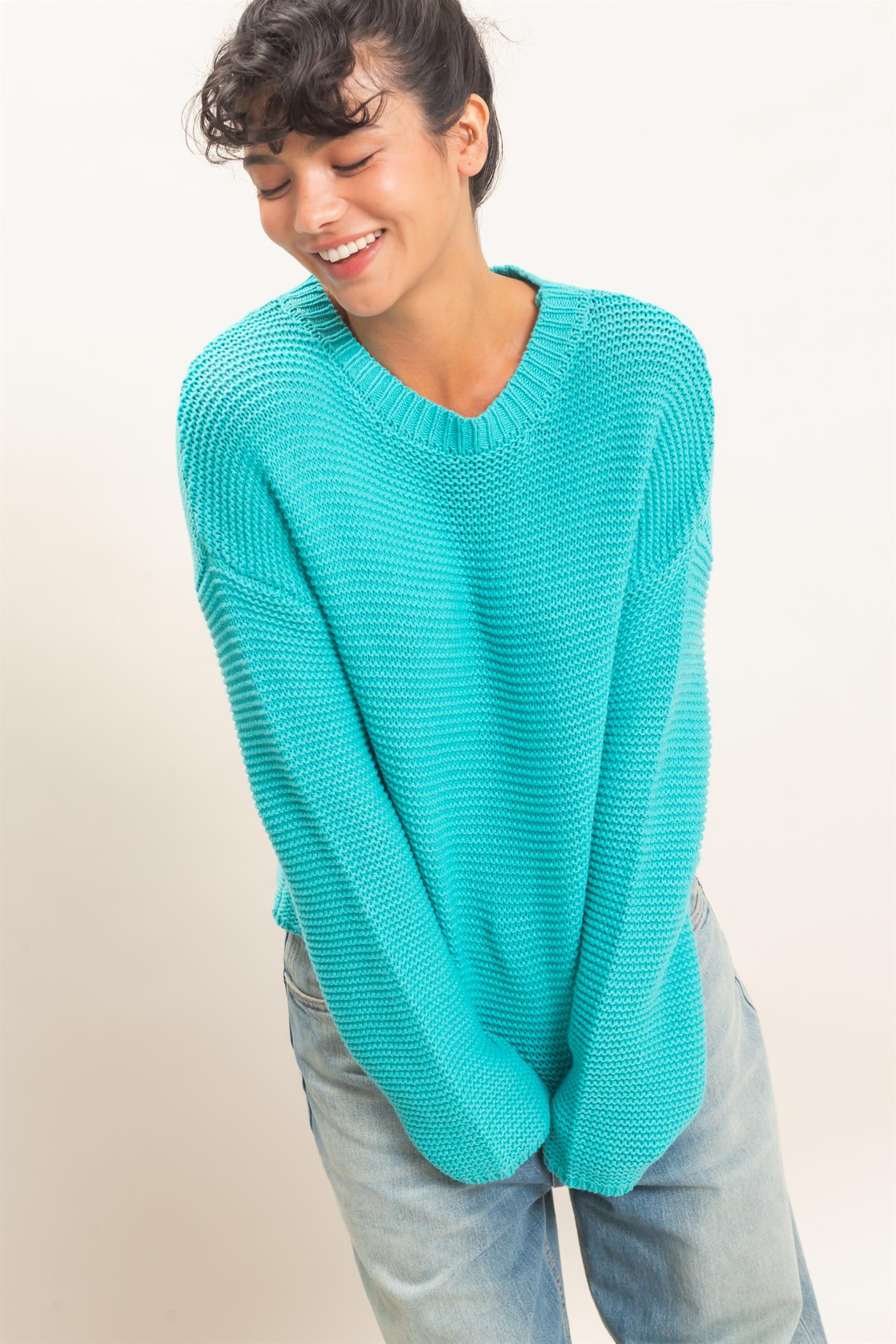 Wholesale Textured Knit Crew Neck Sweater Sweaters DZ26F395 TURQUOISE DOUBLE ZERO