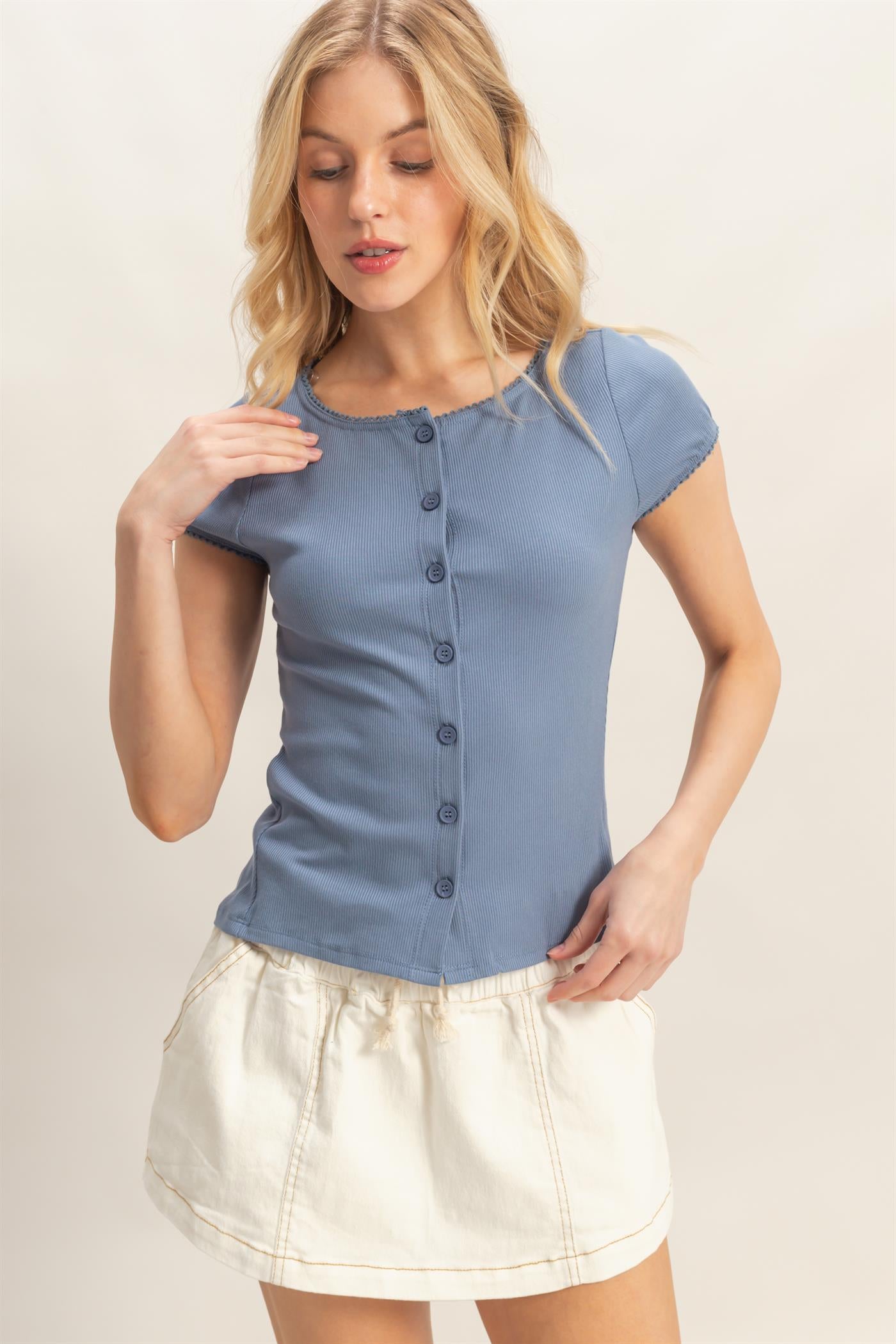 Wholesale Scalloped Button Front Top Clothing Tops HF26C607 DENIM BLUE HYFVE