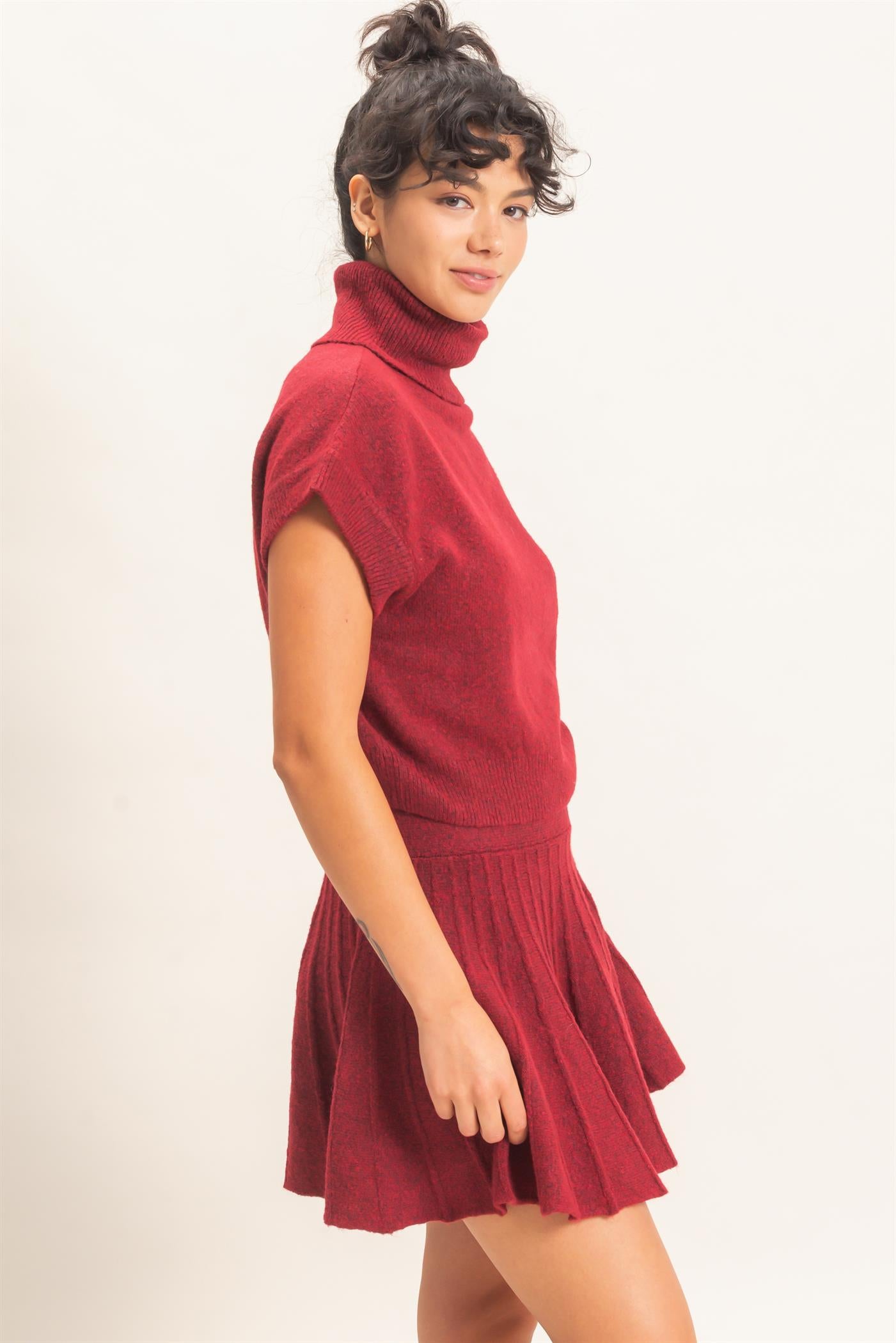 Wholesale Turtleneck Crop Top And Pleated Skirt Set Clothing DZ26C981-SET DARK RED DOUBLE ZERO