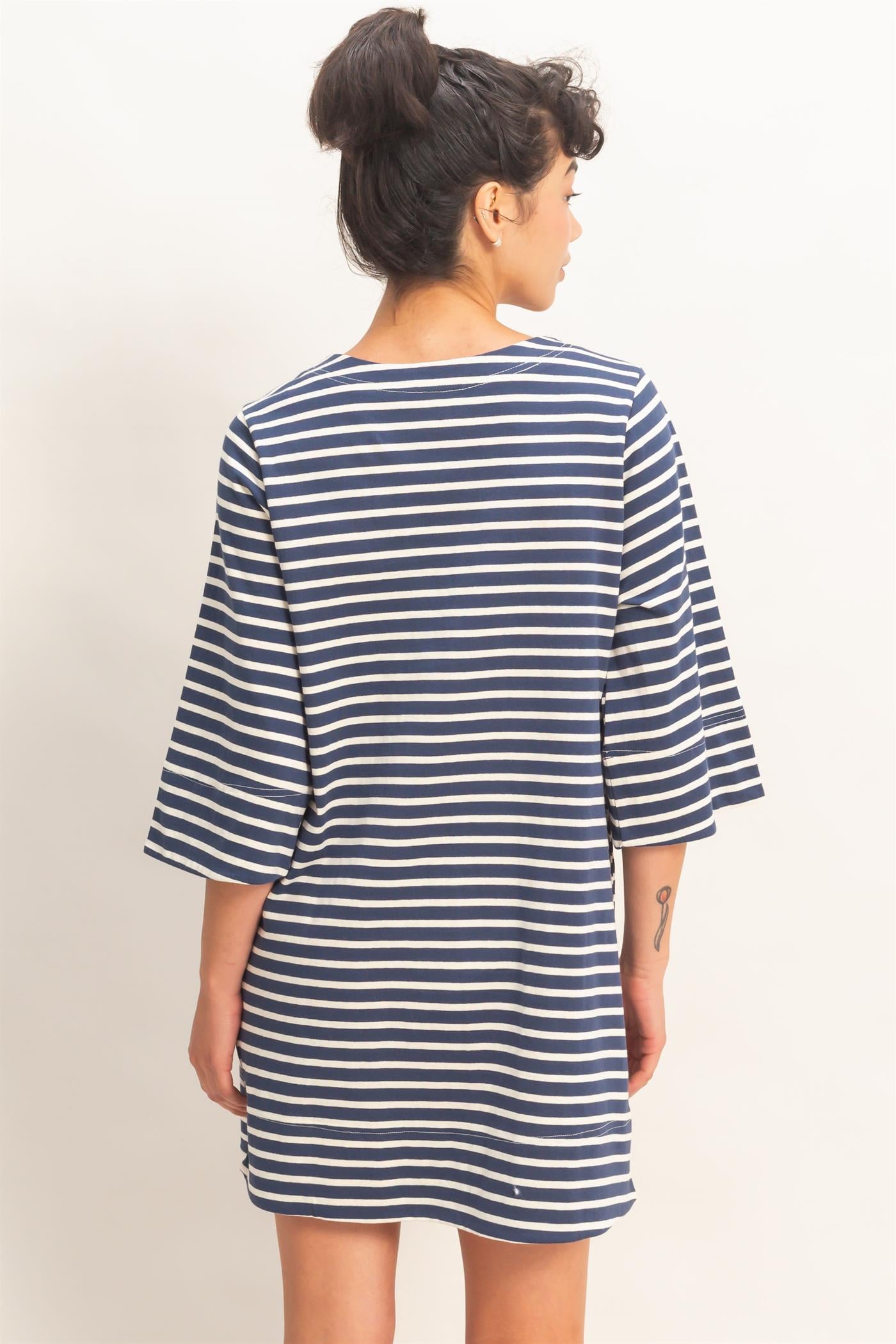 Wholesale Striped Round Neck Half-Sleeve Mini Dress Dresses DZ26A460 NAVY DOUBLE ZERO