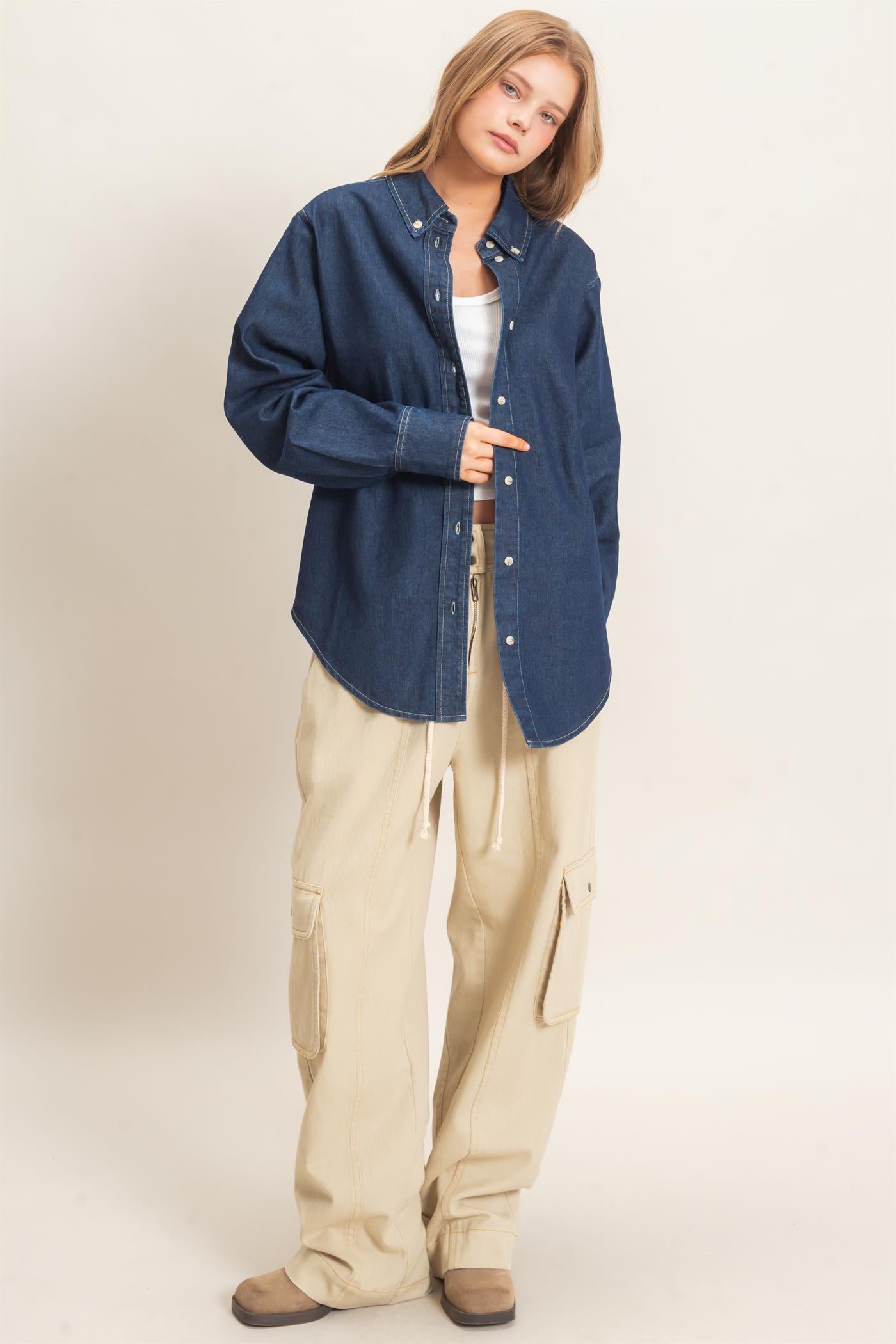 Wholesale Button-Up Denim Shirt Shirts HF26E420 DARK DENIM HYFVE