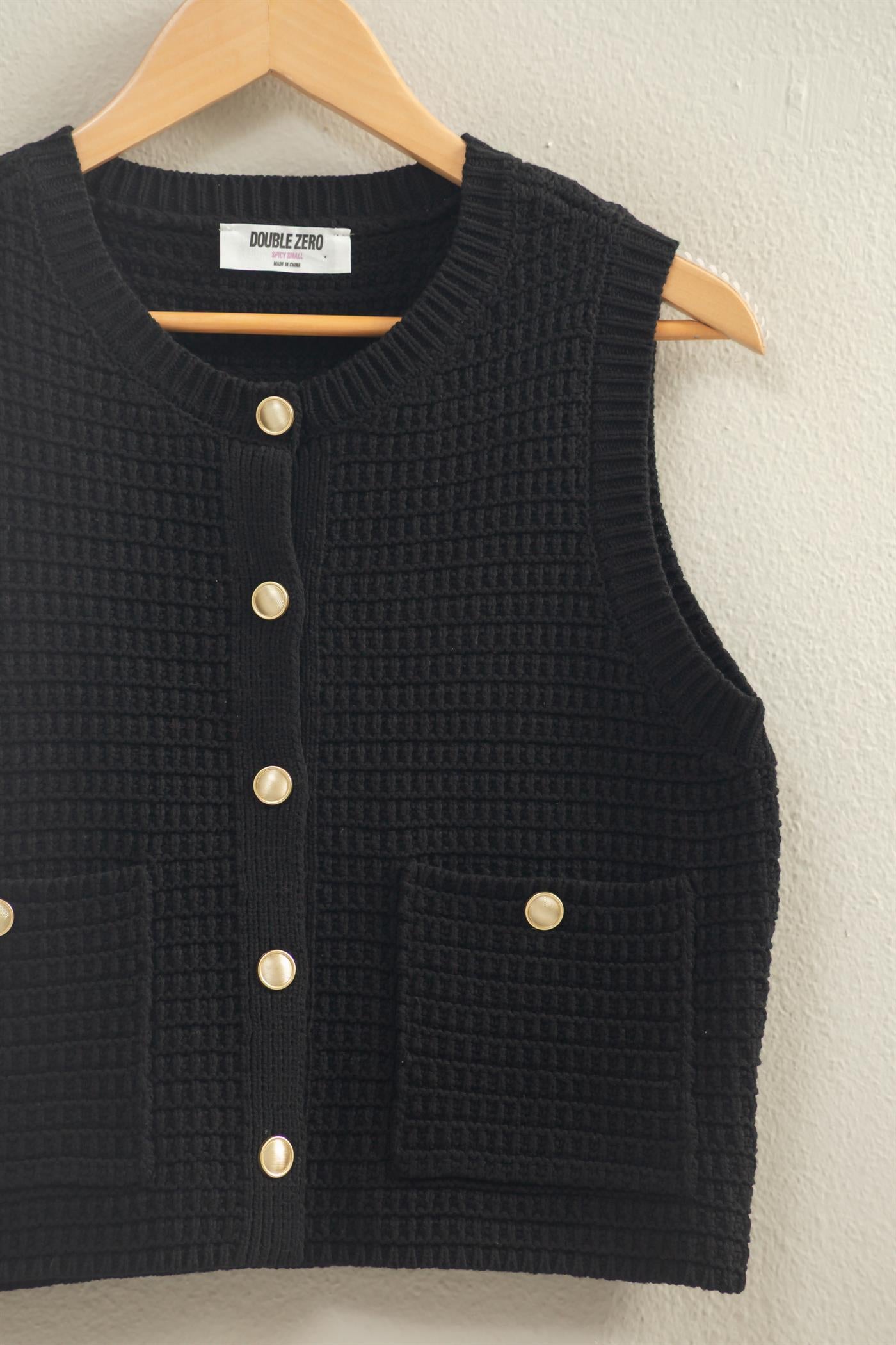 Wholesale Textured Button-Front Vest With Pocket Clothing Tops DZ26A448 BLACK DOUBLE ZERO