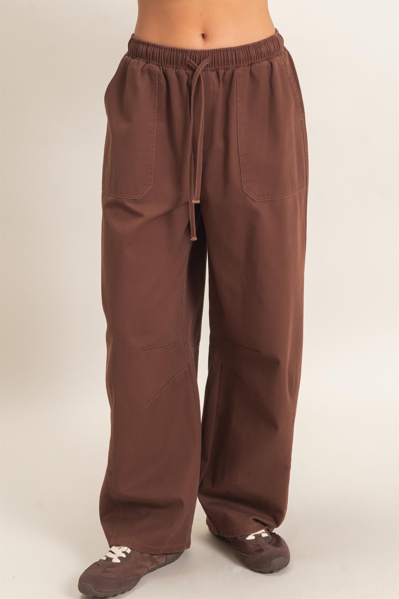 Wholesale Twill Elastic Waist Barrel Pants Pants DZ27A228 DARK BROWN DOUBLE ZERO