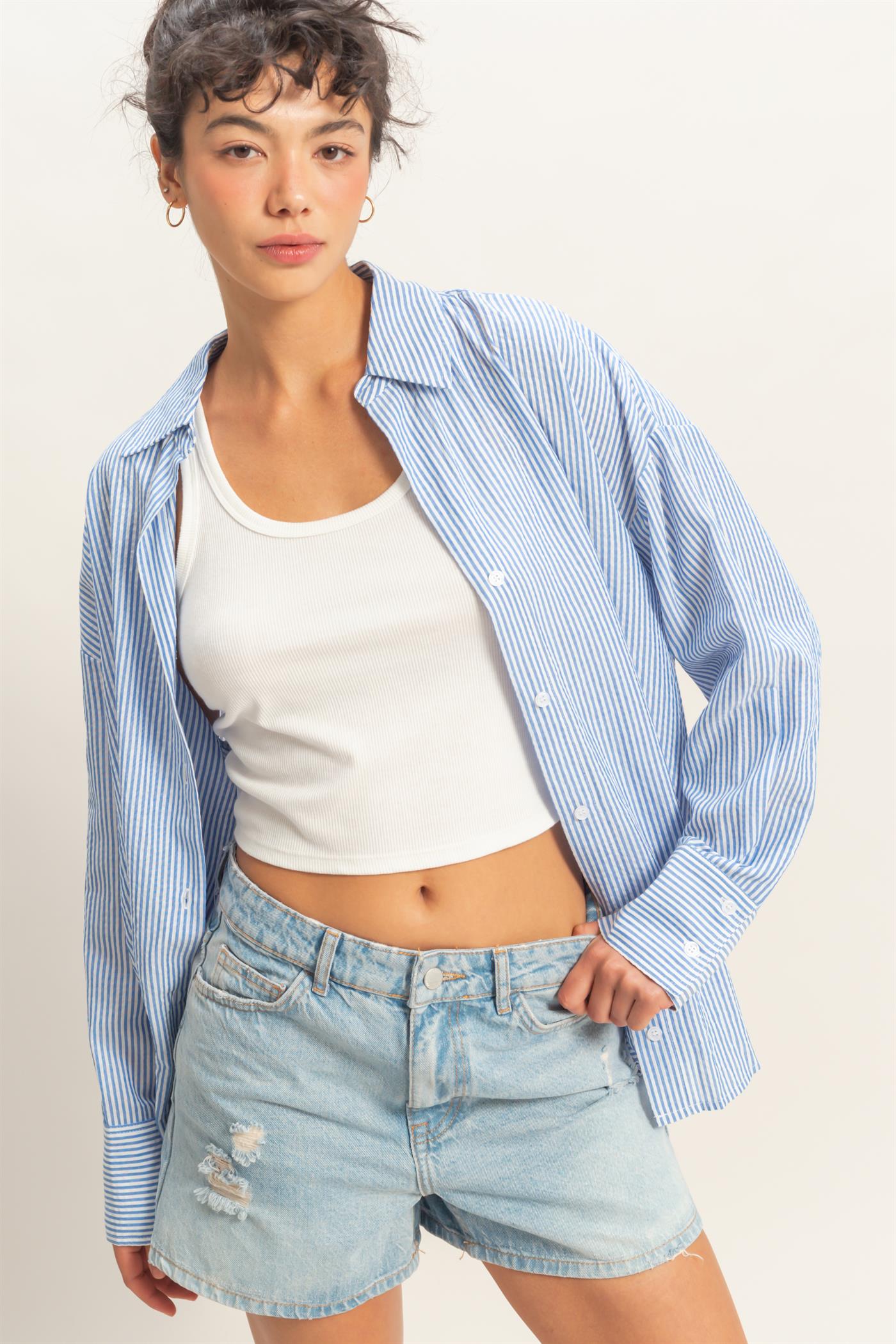 Wholesale Striped Button-Up Shirt Shirts DZ26A737 BLUE DOUBLE ZERO