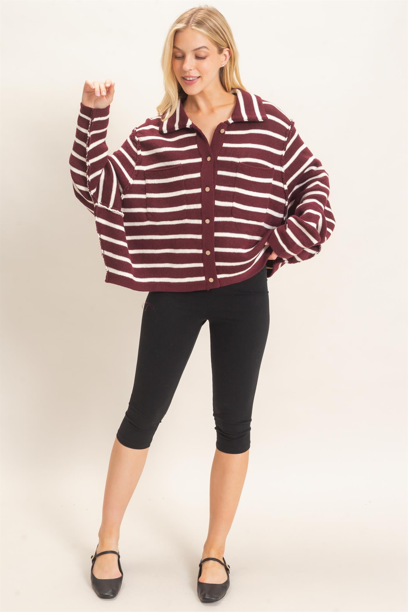 Wholesale Striped Button Front Cardigan Sweaters HF26F197 WINE HYFVE